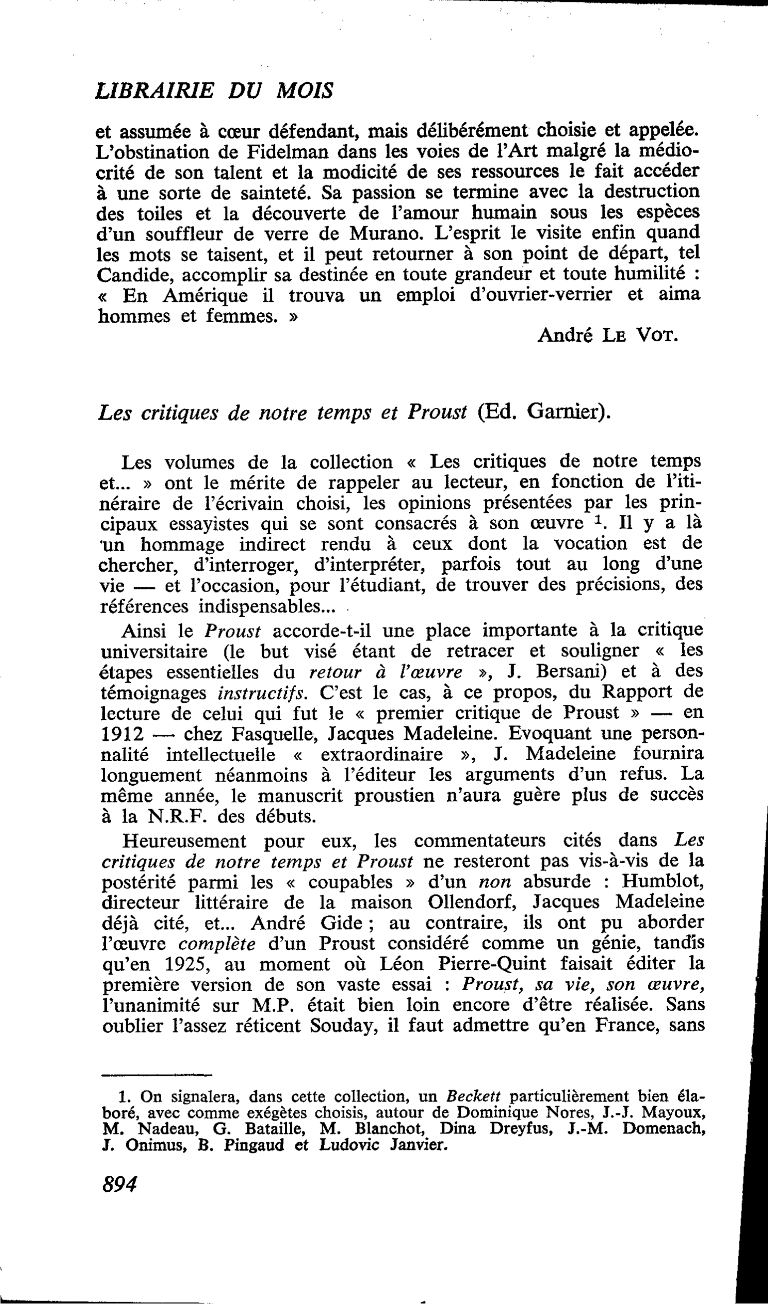 Les critiques de notre temps et Proust