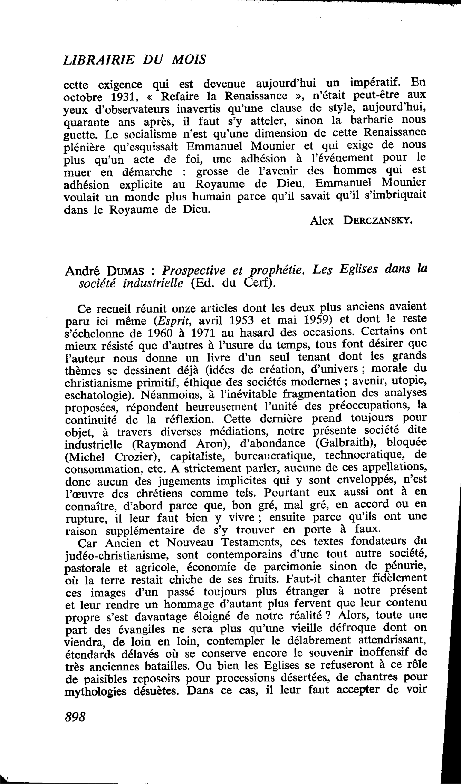 André Dumas : Prospective et prophétie. Les Eglises dans la société industrielle