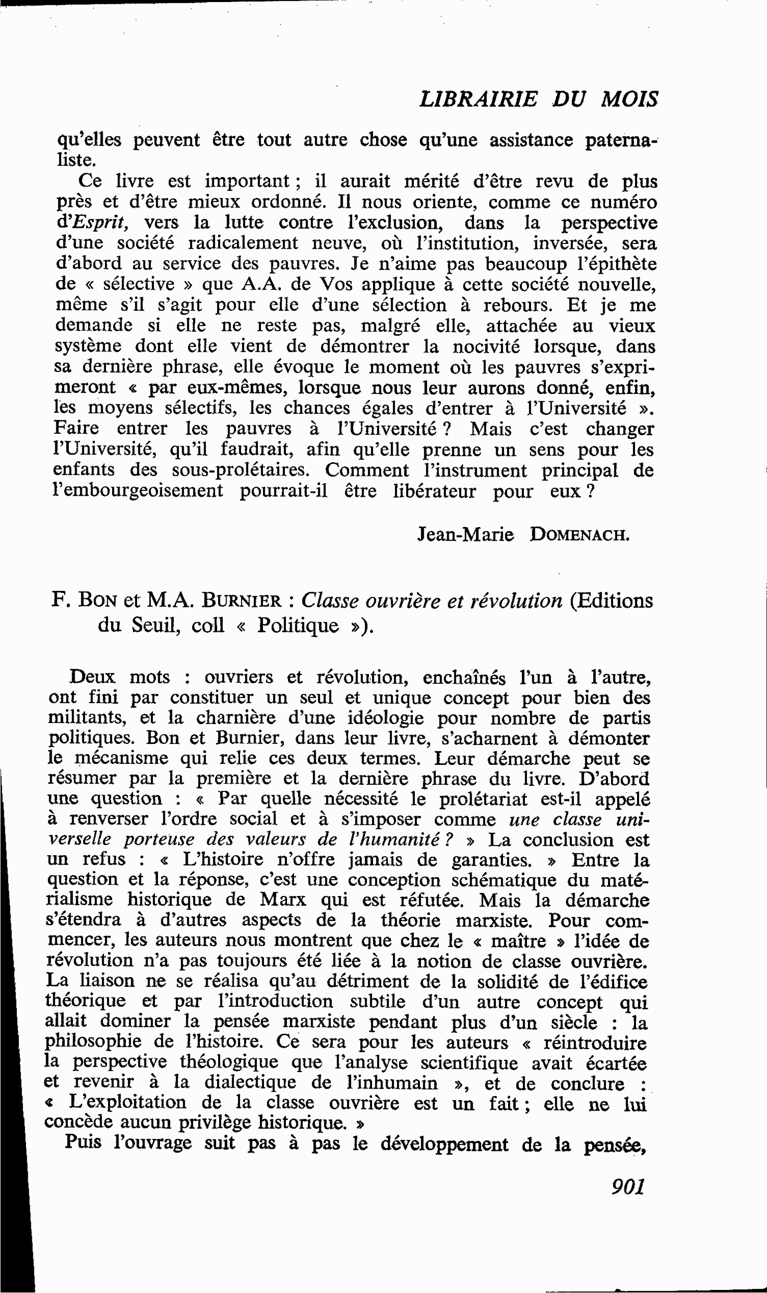 F. Bon et M.A. Burnier : Classe ouvrière et révolution