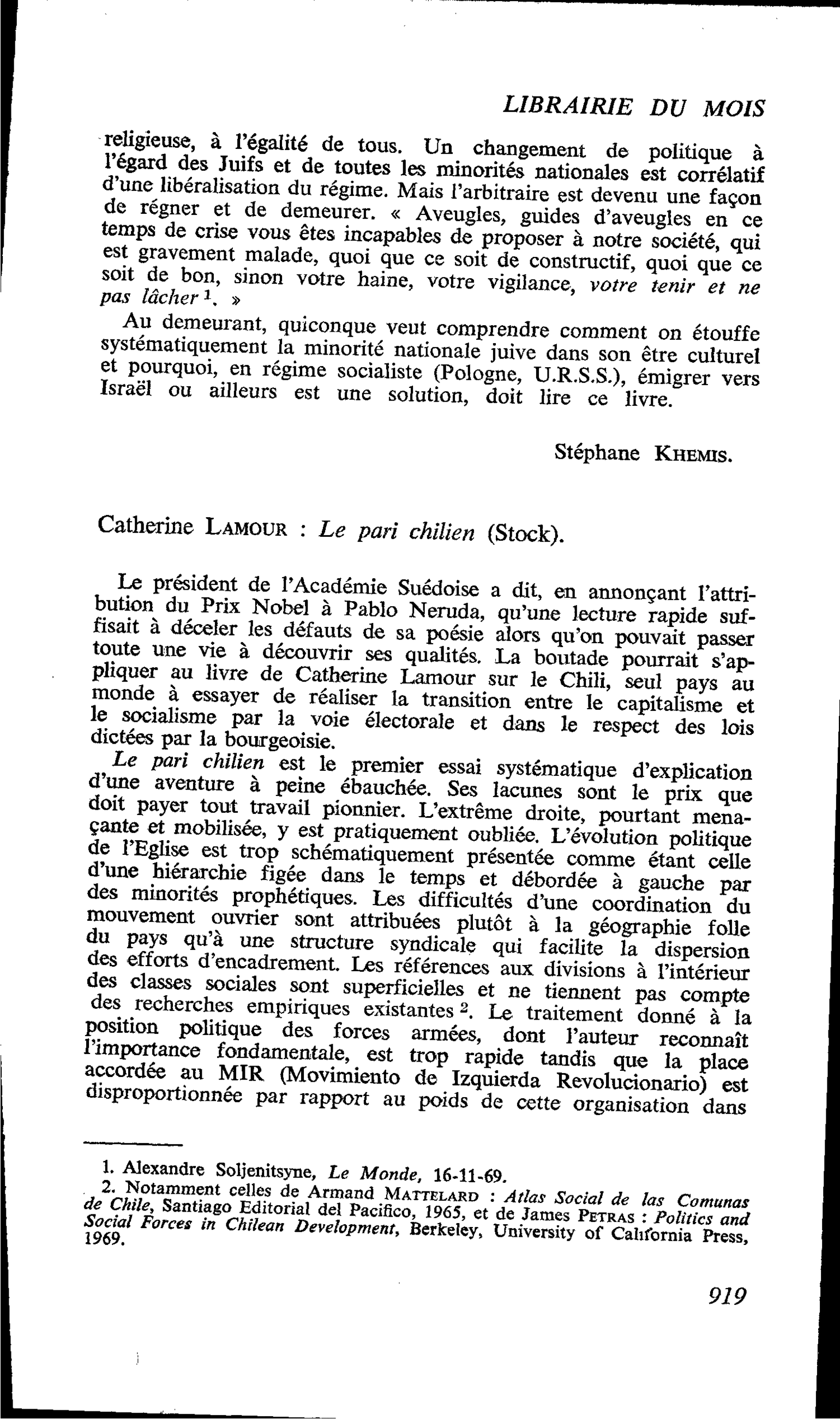 Catherine Lamour : Le pari chilien