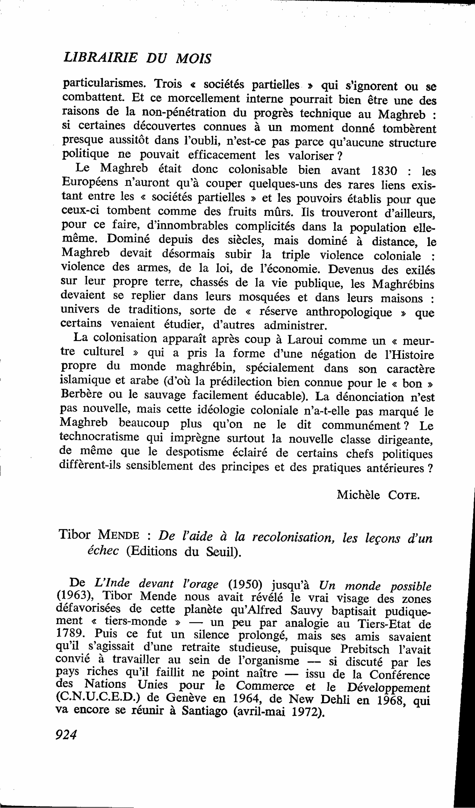 Tibor Mende : De l’aide à la recolonisation, les leçons d’un échec