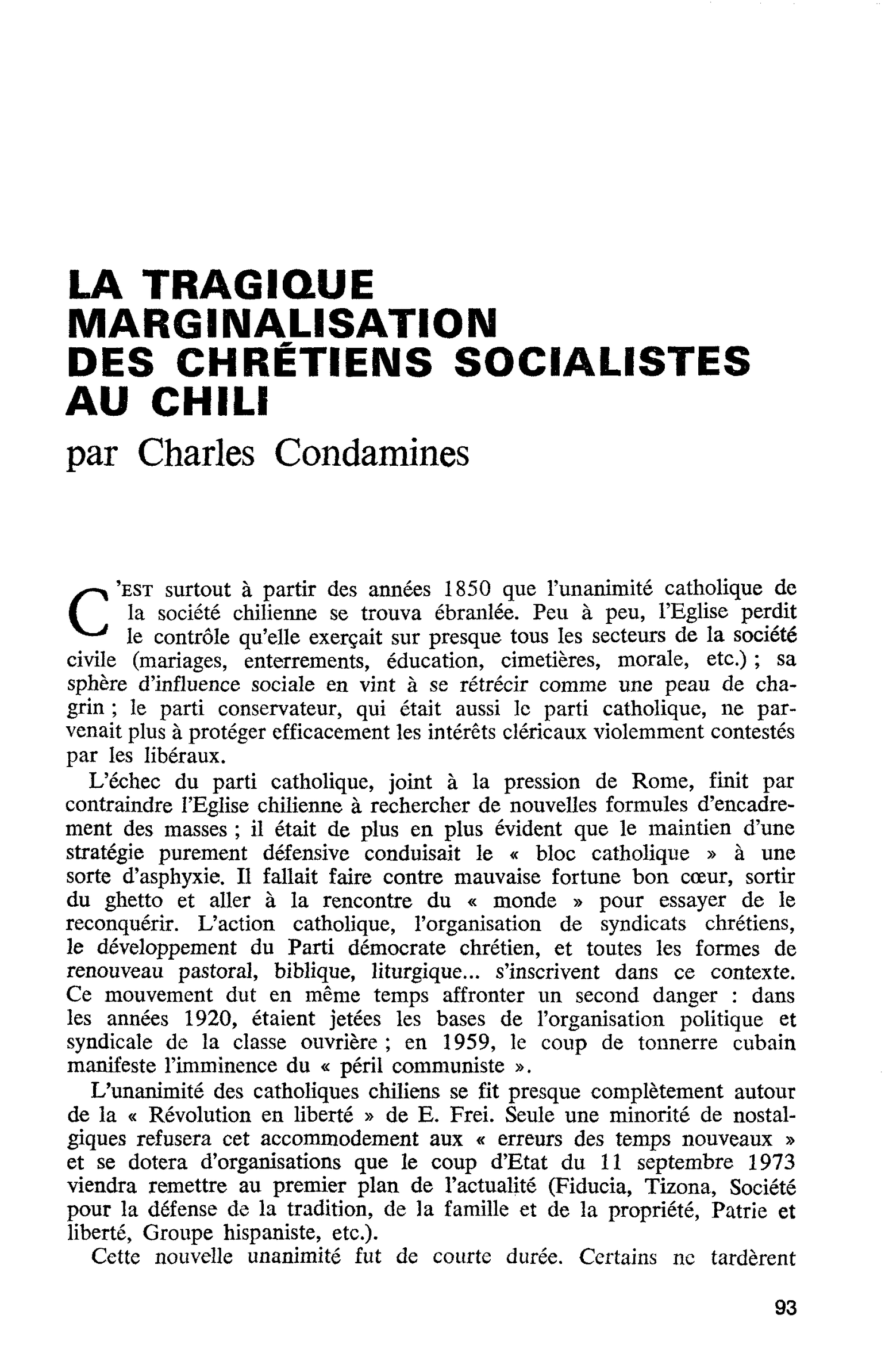 LA TRAGIQUE MARGINALISATION DES CHRÉTIENS SOCIALISTES AU CHILI