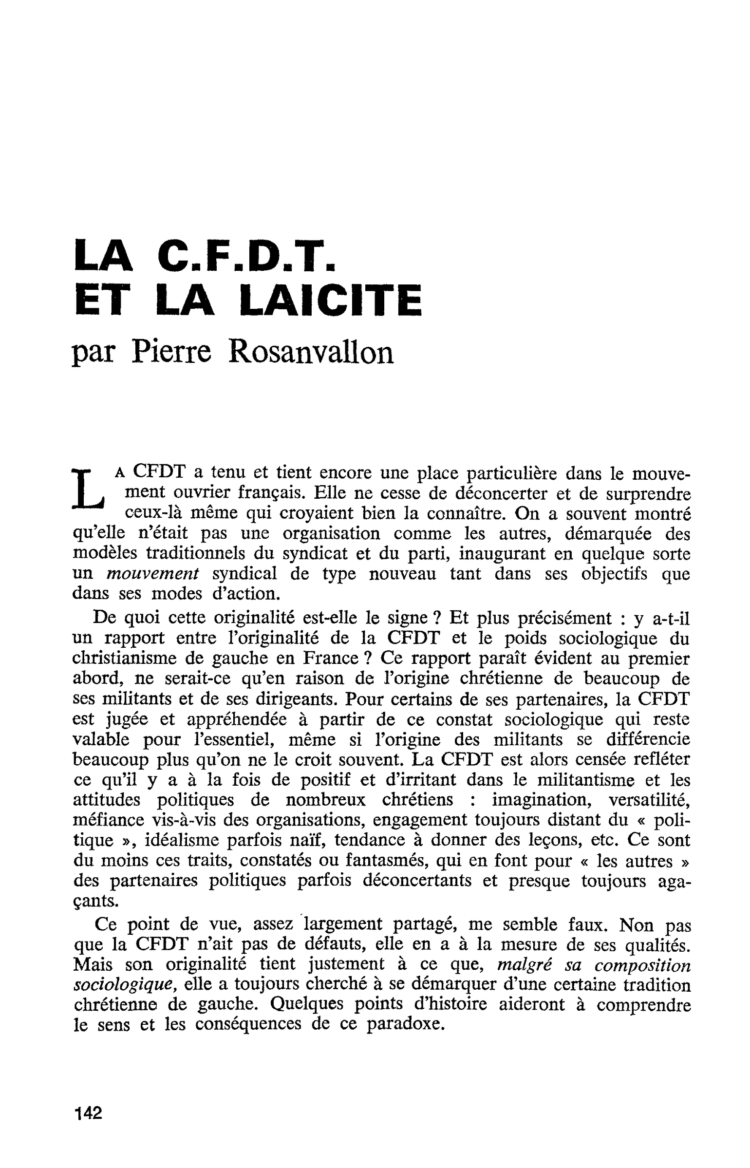 LA C.F.D.T. ET LA LAÏCITE