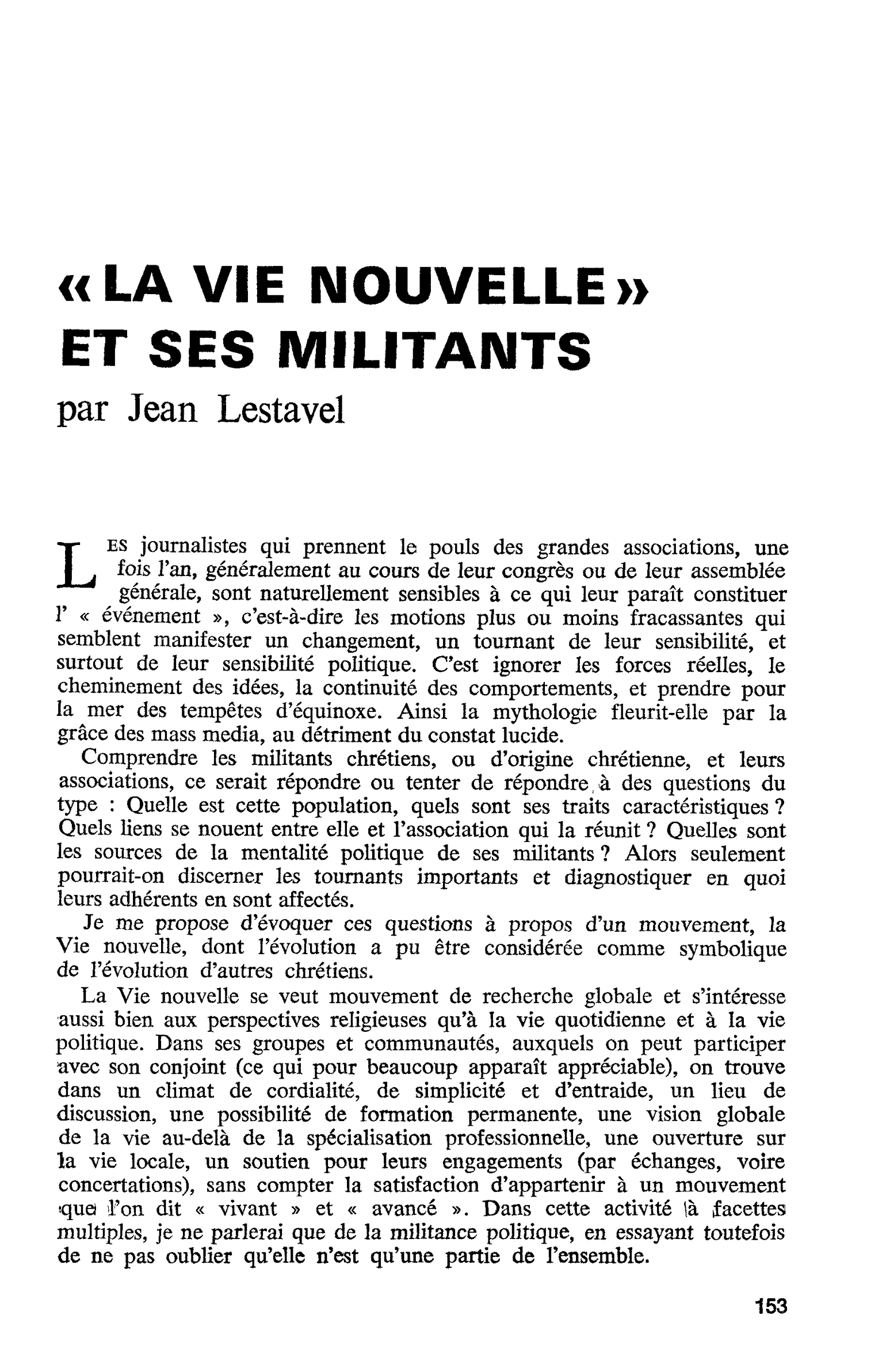 « LA VIE NOUVELLE » ET SES MILITANTS