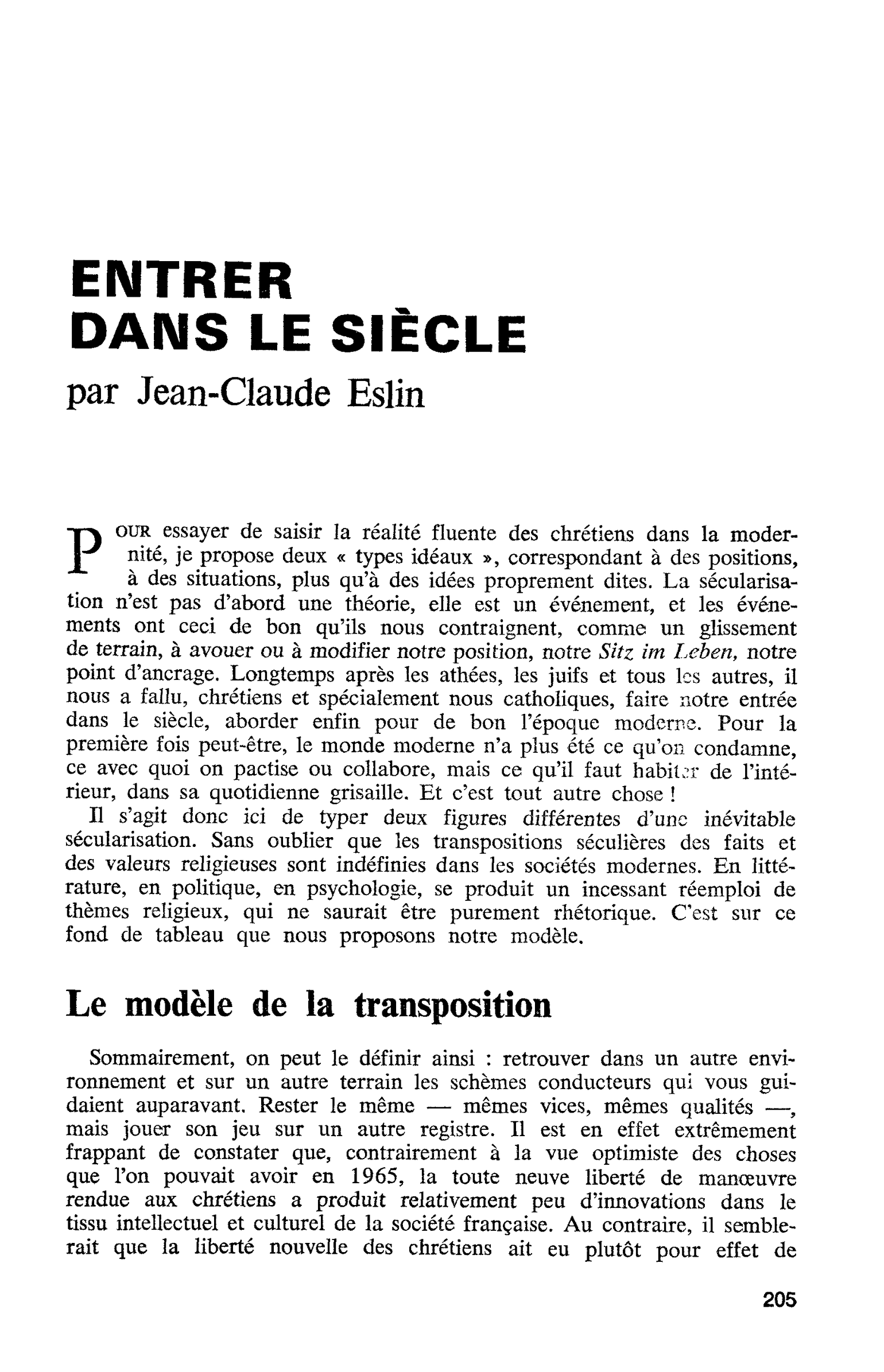 ENTRER DANS LE SIÈCLE