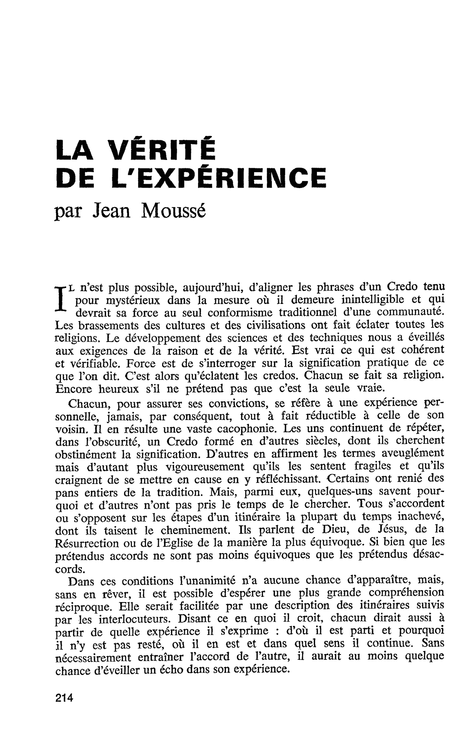 LA VÉRITÉ DE L’EXPÉRIENCE