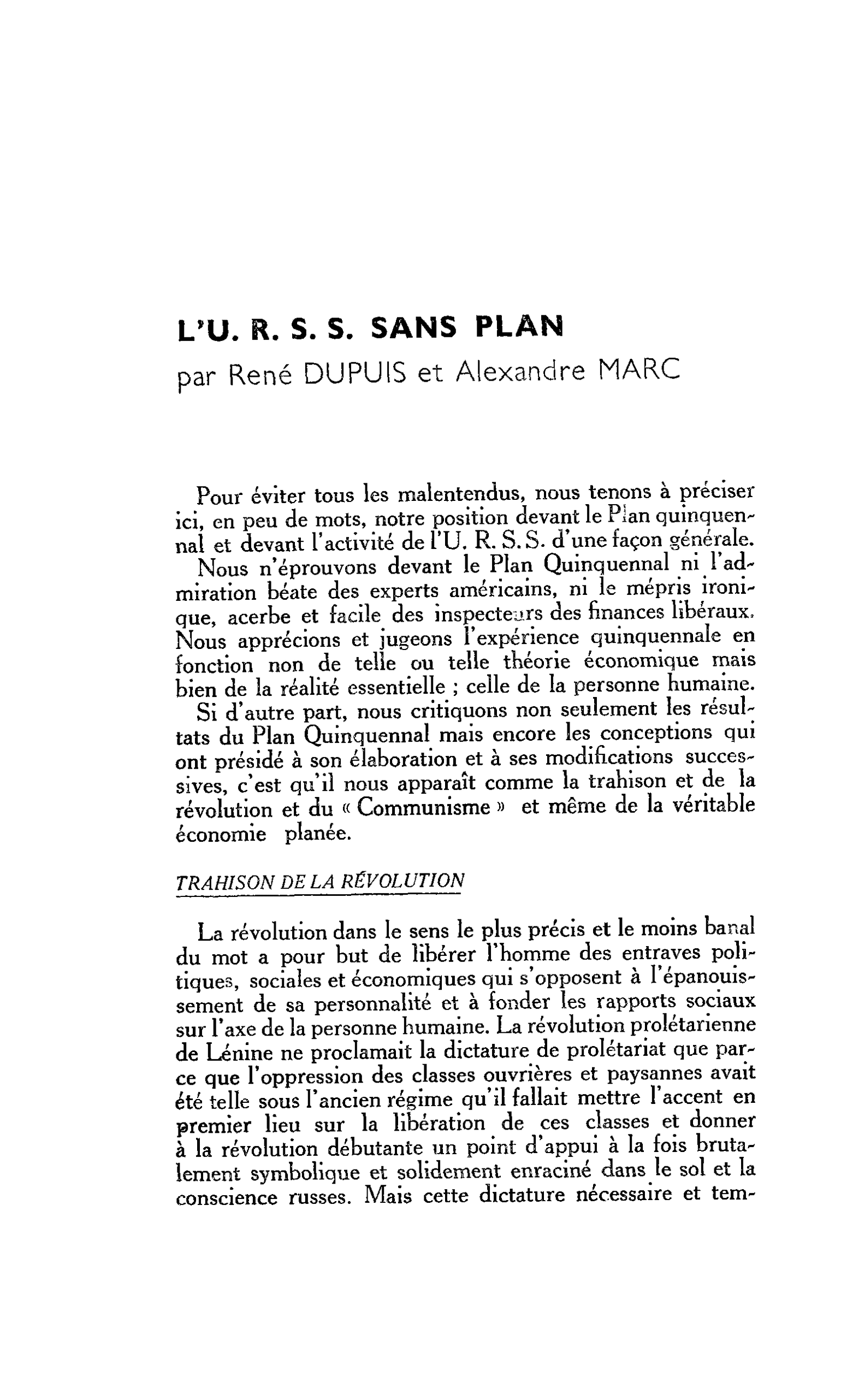 L’U. R. S. S. SANS PLAN