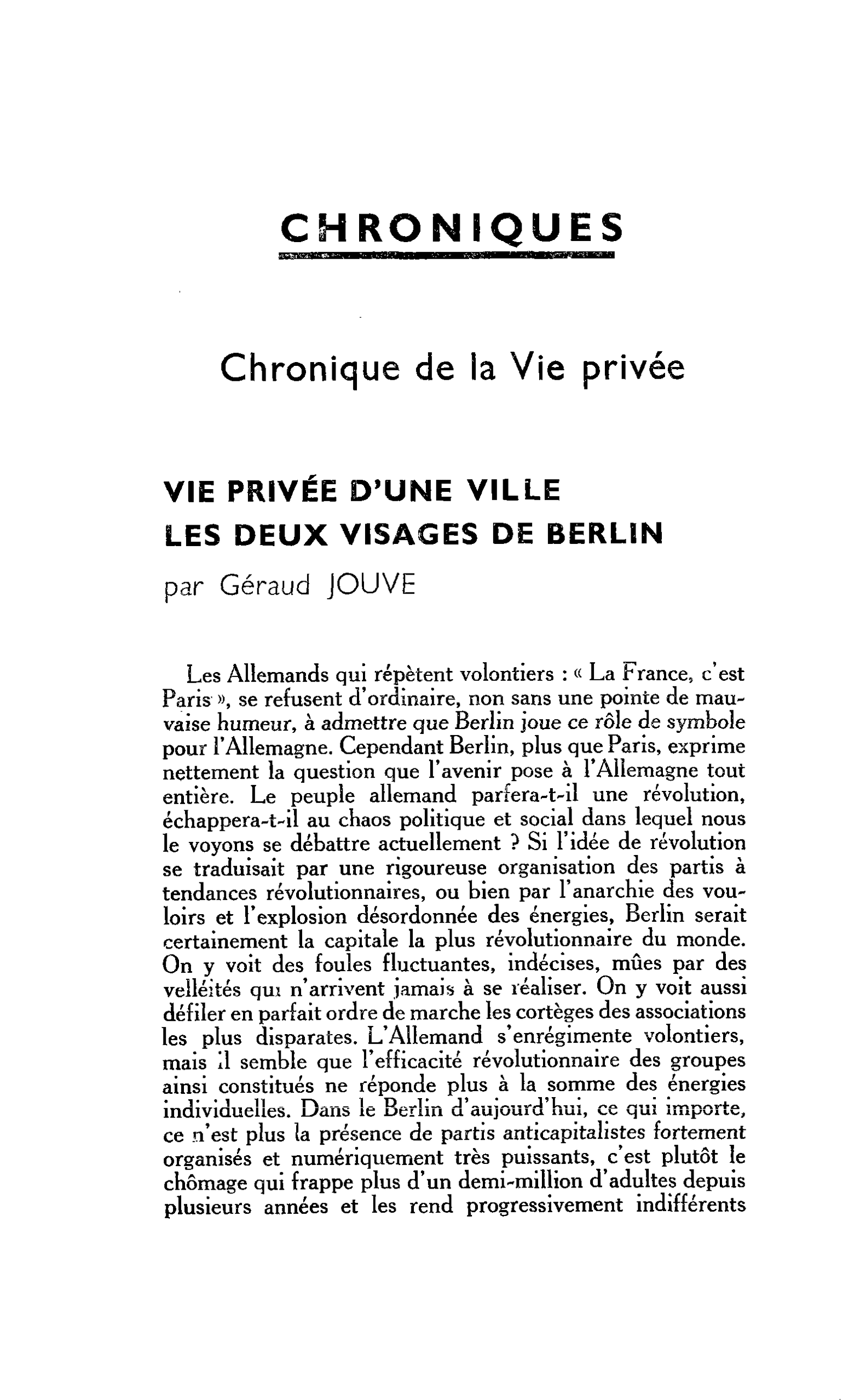 Chronique de la Vie privée. VIE PRIVÉE D’UNE VILLE LES DEUX VISAGES DE BERLIN