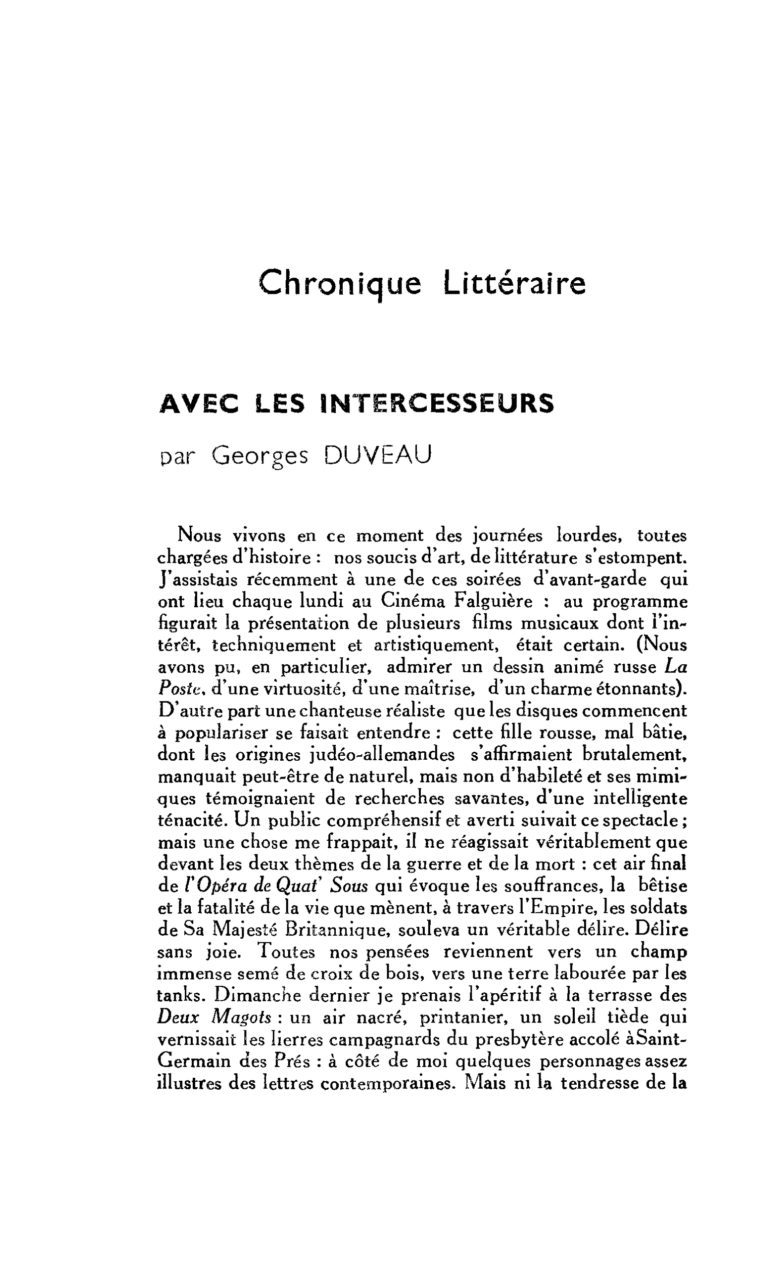 Chronique Littéraire. AVEC LES INTERCESSEURS