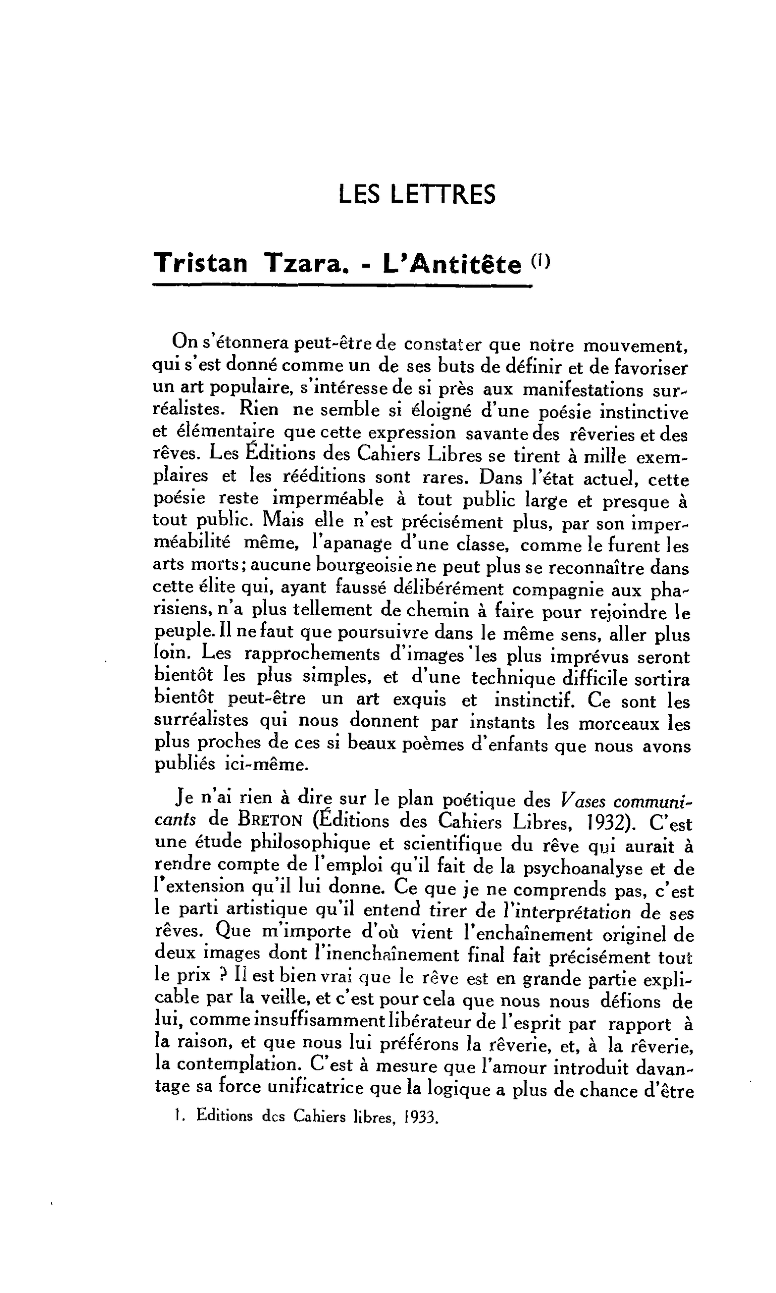 LES LETTRES. Tristan Tzara. - L’Antitête