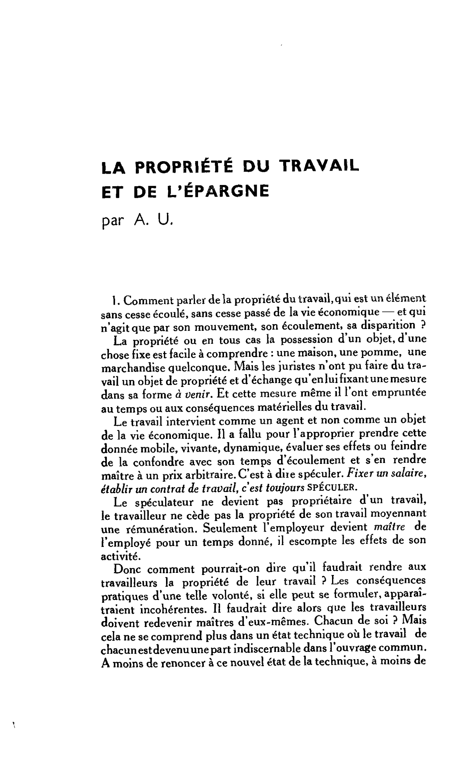 LA PROPRIÉTÉ DU TRAVAIL ET DE L’ÉPARGNE