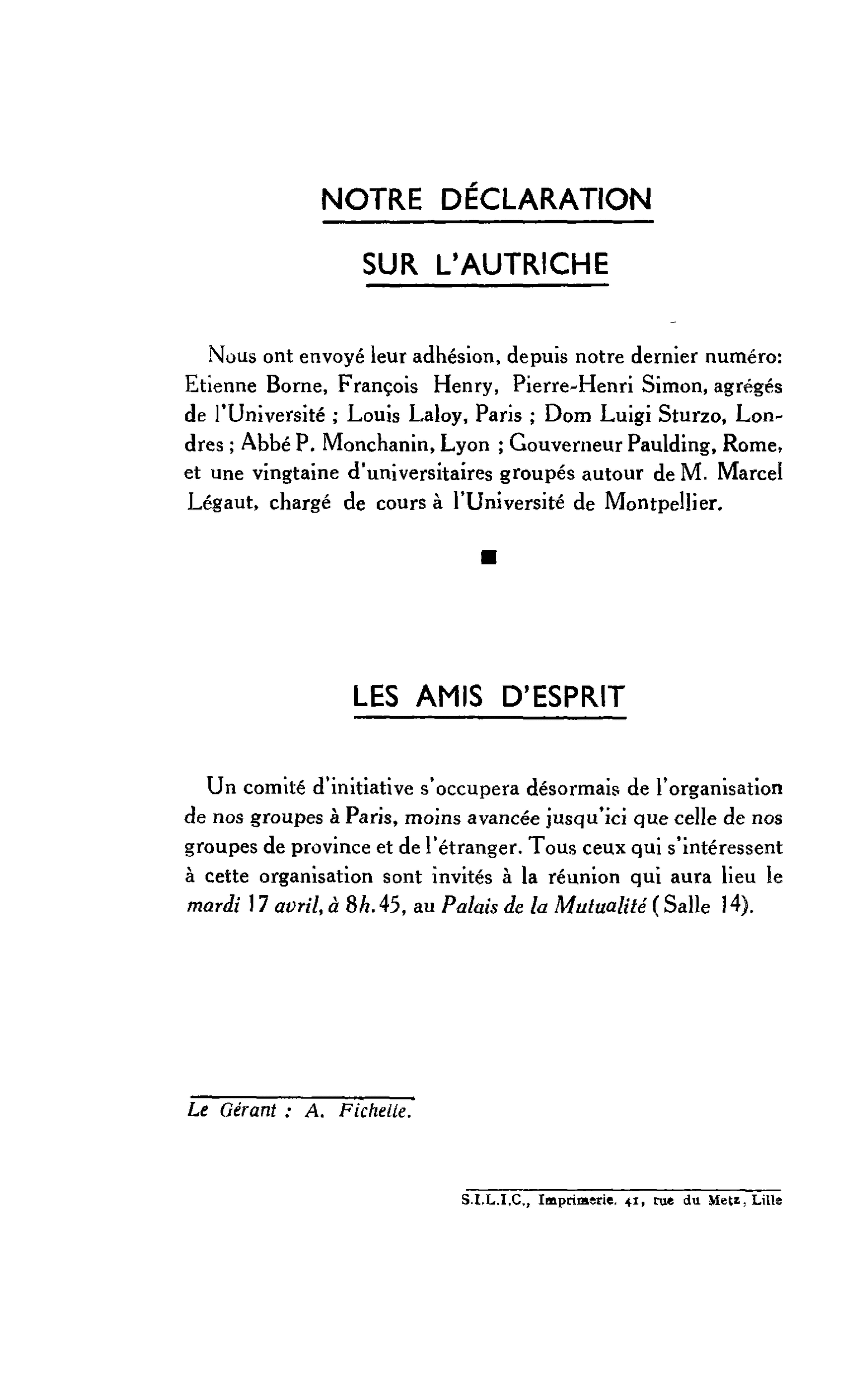 NOTRE DECLARATION SUR L’AUTRICHE
