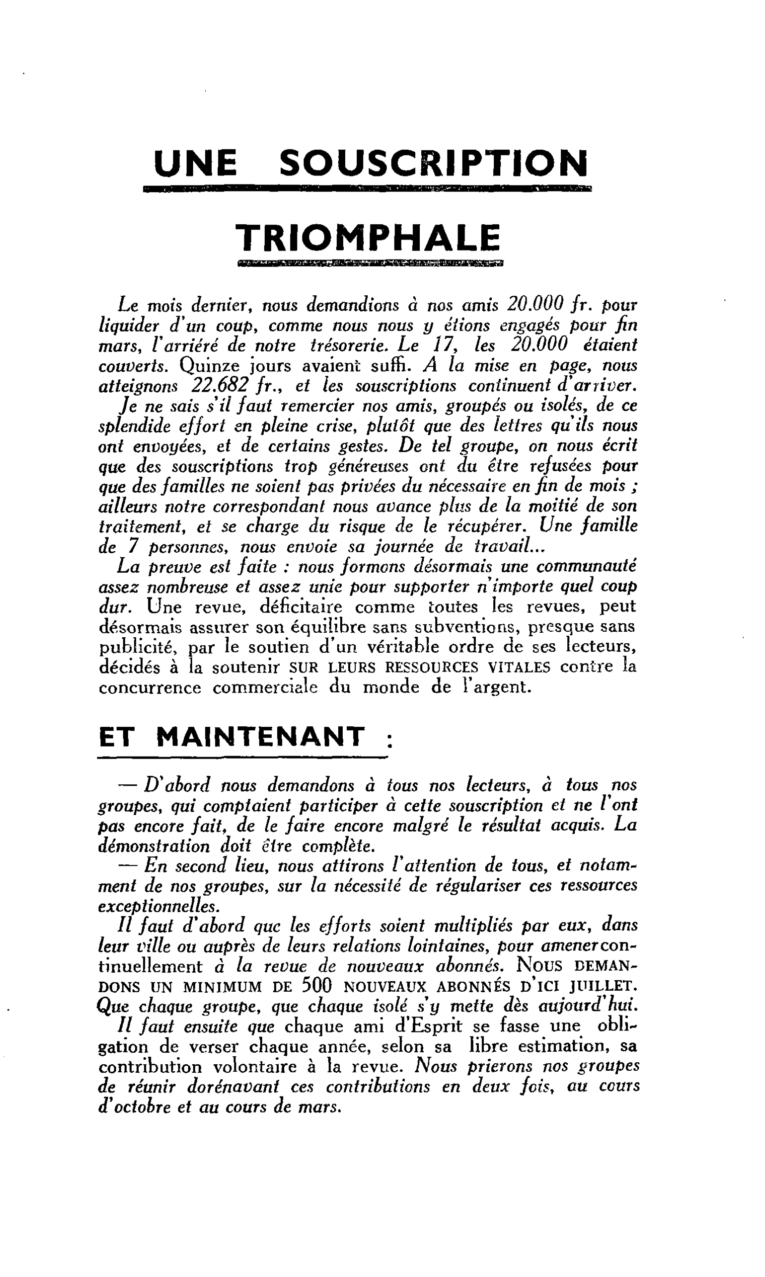 UNE SOUSCRIPTION TRIOMPHALE