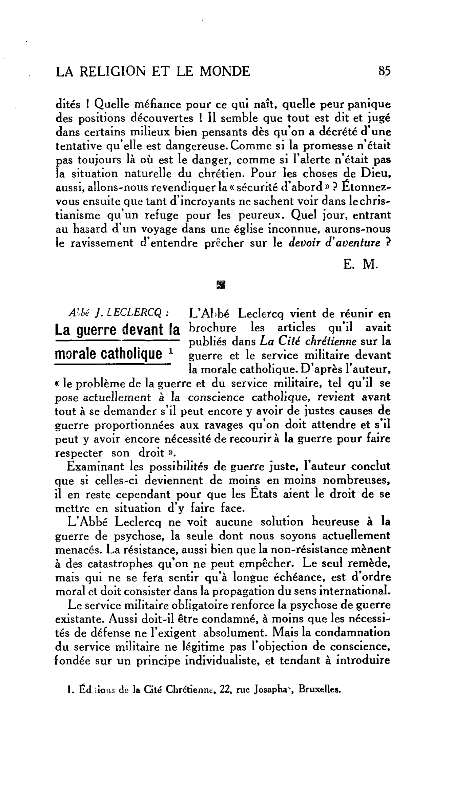 LA RELIGION ET LE MONDE : Abbé J. LECLERCQ : La guerre devant la morale catholique