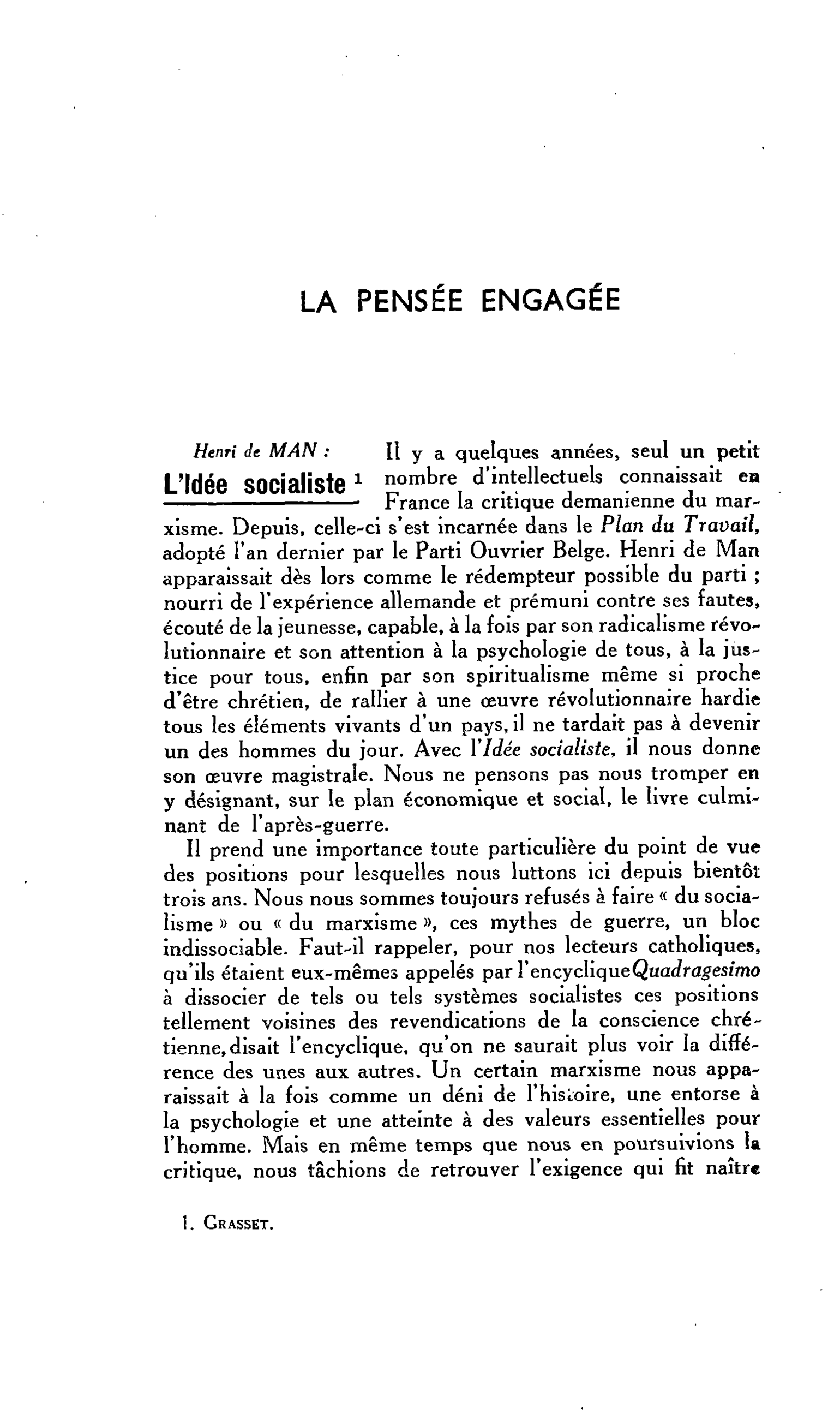 LA PENSÉE ENGAGÉE. Henri de MAN : L’Idée socialiste