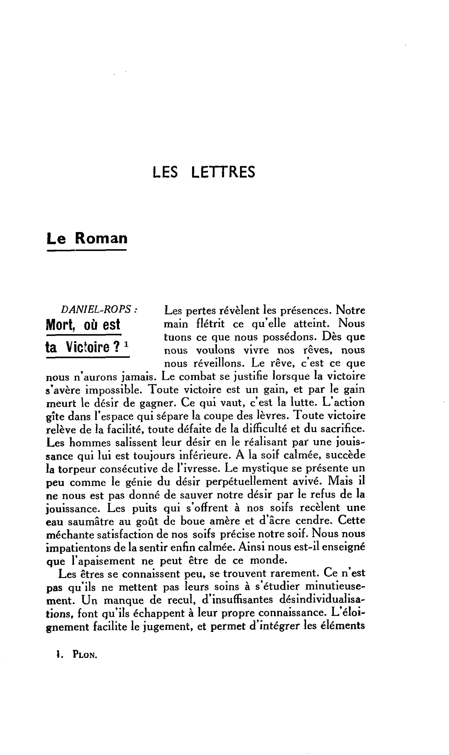 LES LETTRES : DANIEL-ROPS : Mort, où est ta Victoire?