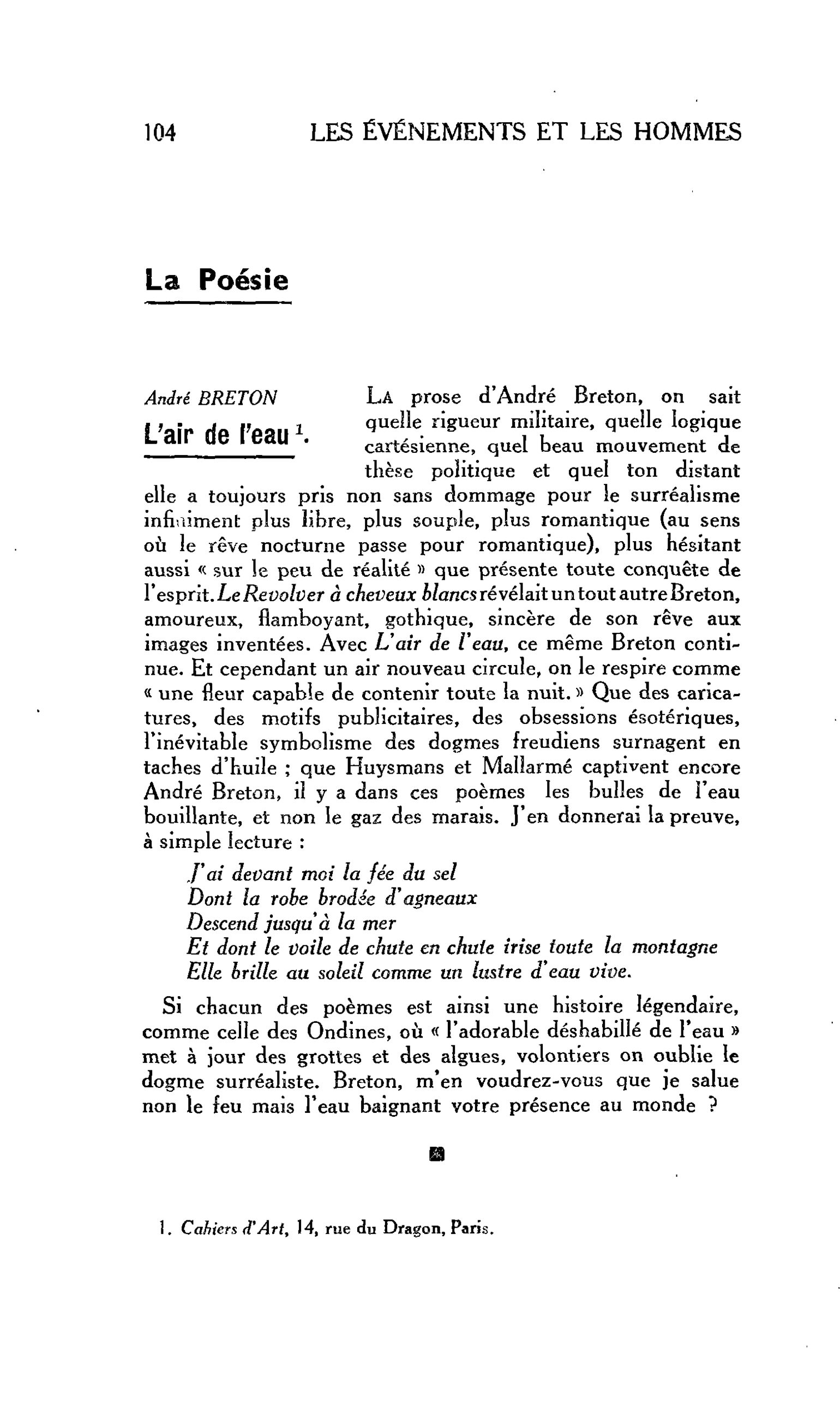 LES LETTRES : La Poésie. André BRETON : L’air de l’eau