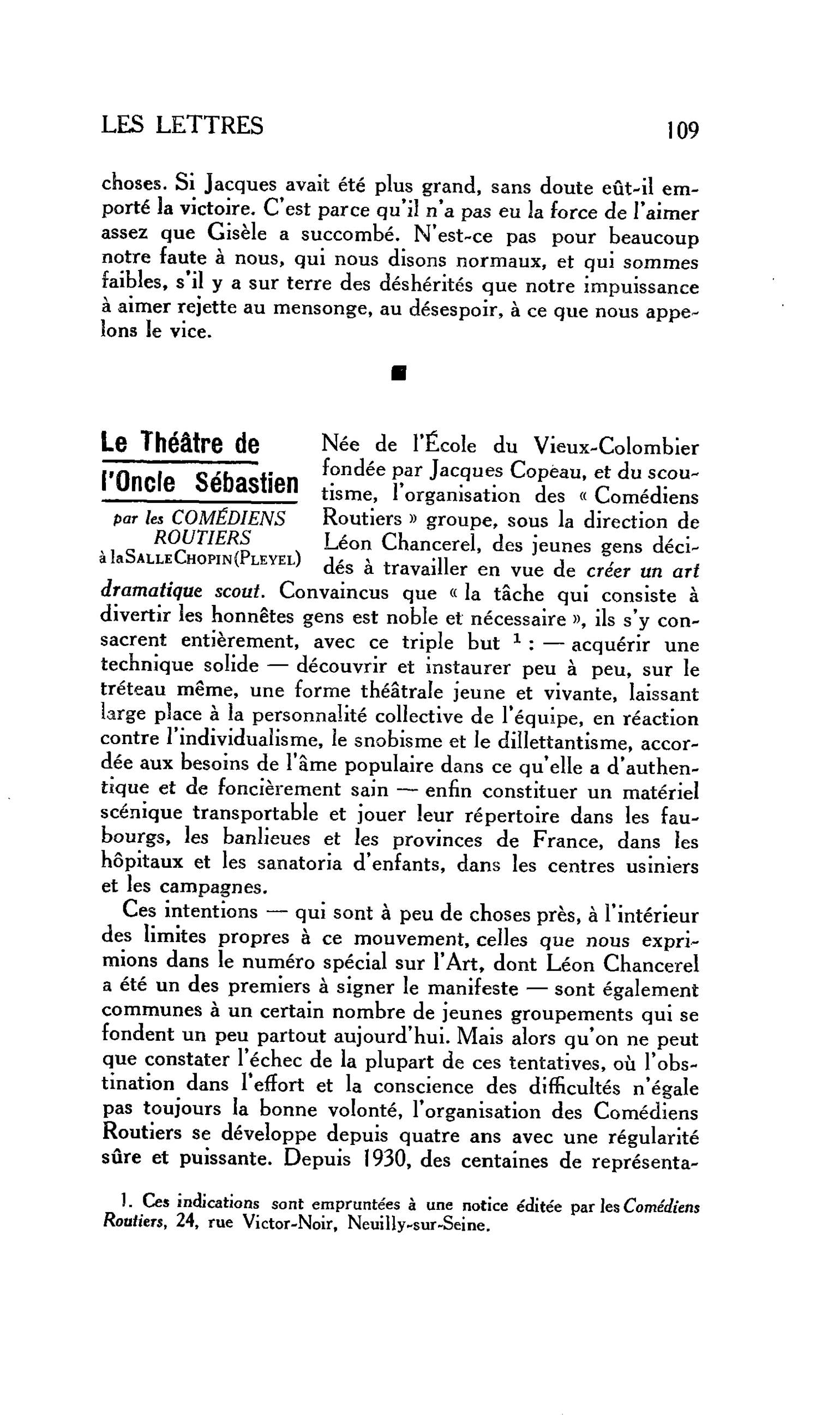 LES LETTRES : Le Théâtre de l’Oncle Sébastien par les COMÉDIENS ROUTIERS à la SALLE CHOPIN (PLEYEL)