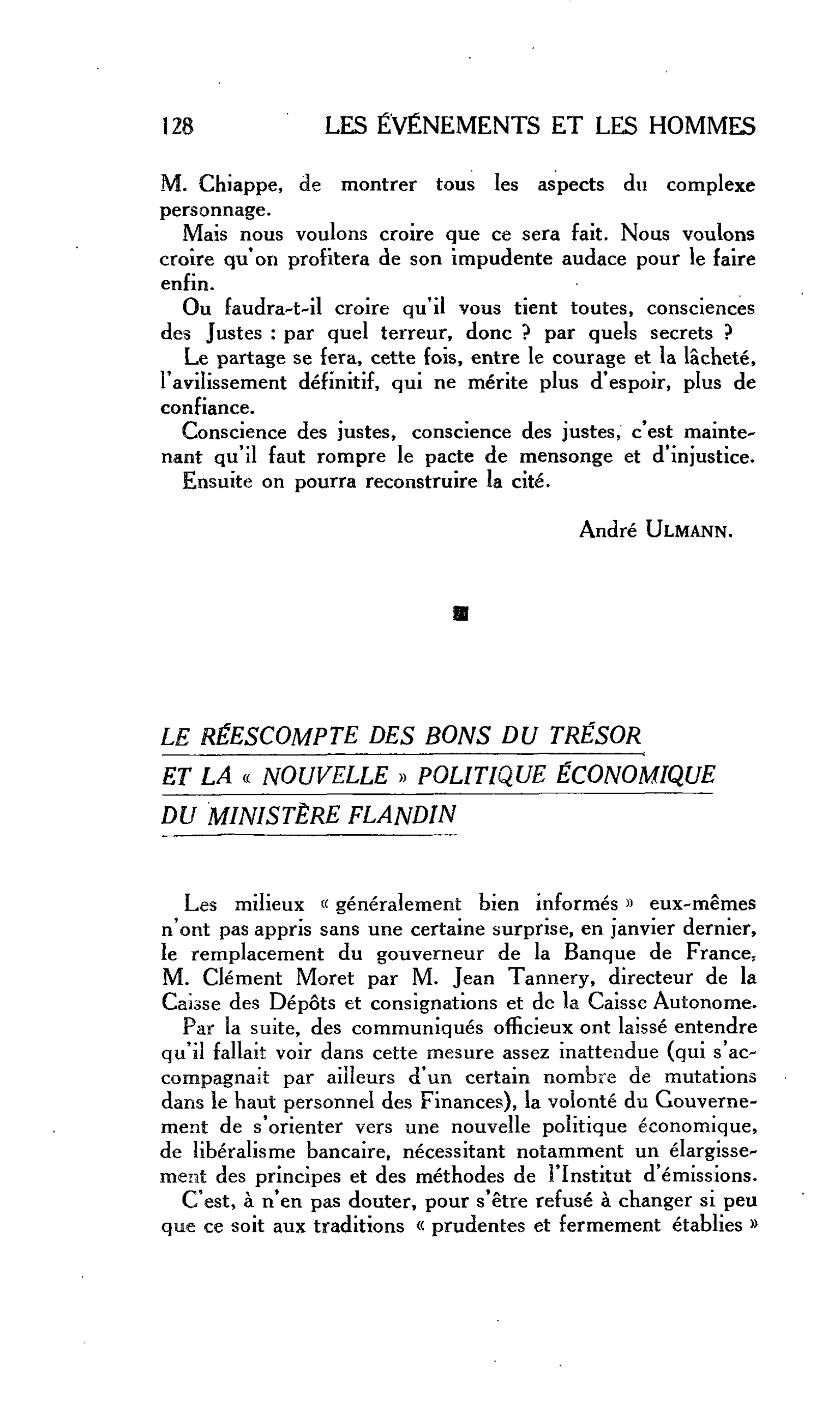 LA CITE : LE RÉESCOMPTE DES BONS DU TRÉSOR ET LA « NOUVELLE » POLITIQUE ÉCONOMIQUE DU MINISTÈRE FLANDIN