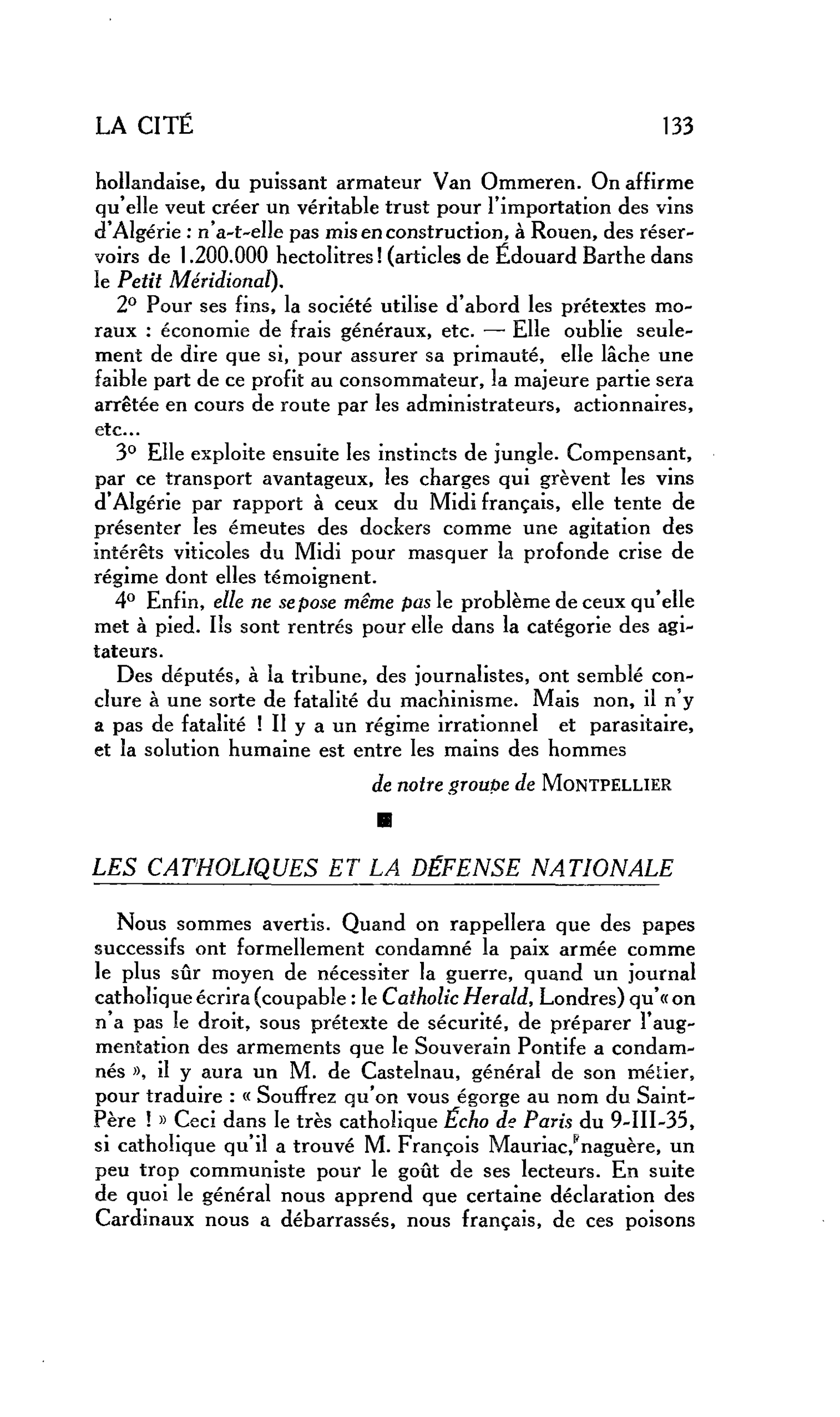 LA CITE : LES CATHOLIQUES ET LA DÉFENSE NATIONALE
