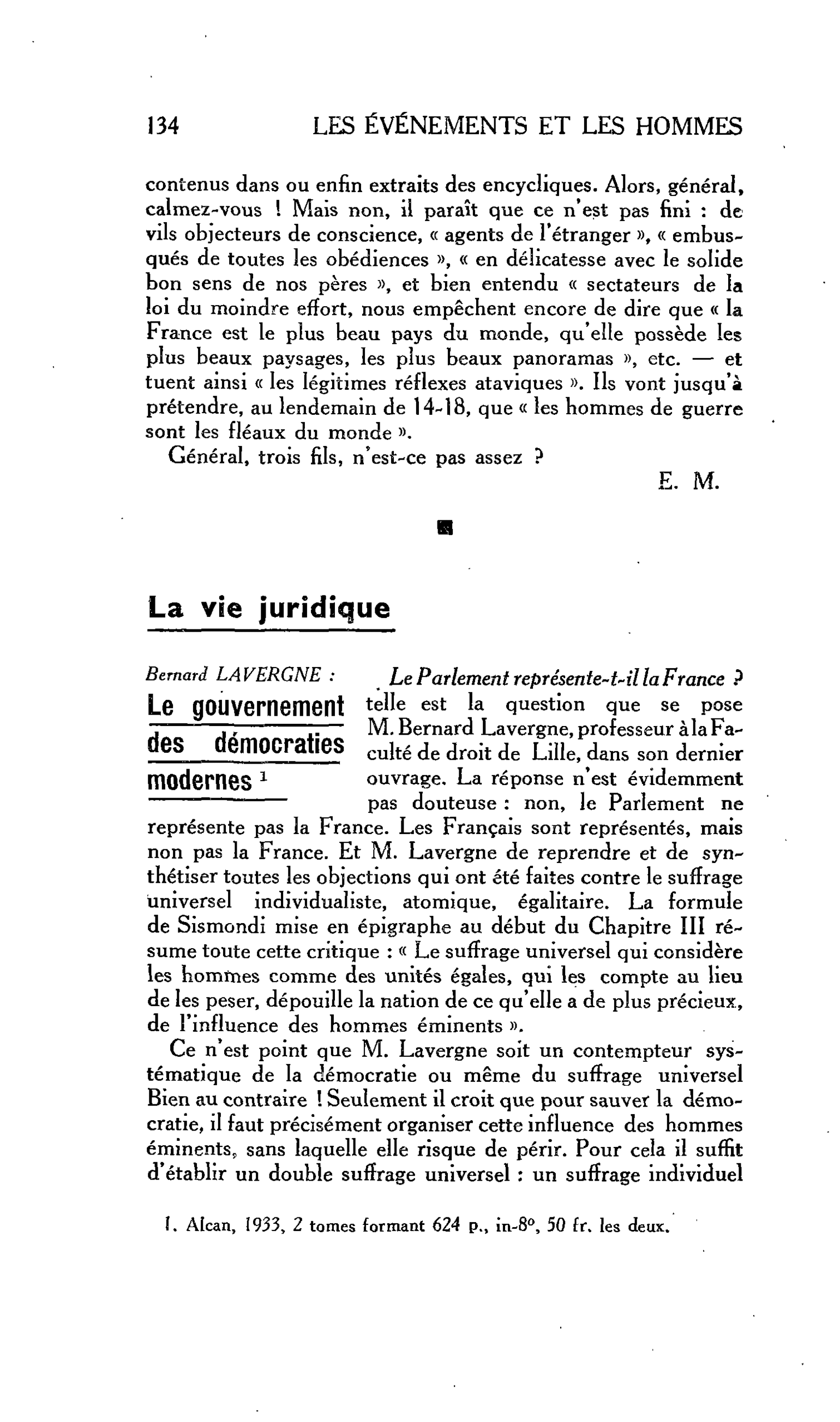 LA CITE : La vie juridique Bernard LAVERGNE : Le gouvernement des démocraties modernes