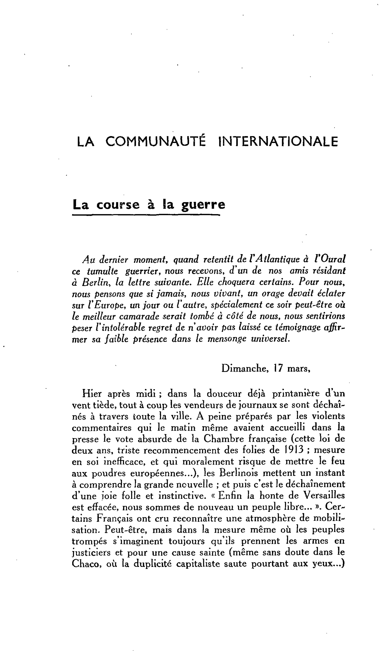 LA COMMUNAUTÉ INTERNATIONALE : La course à la guerre
