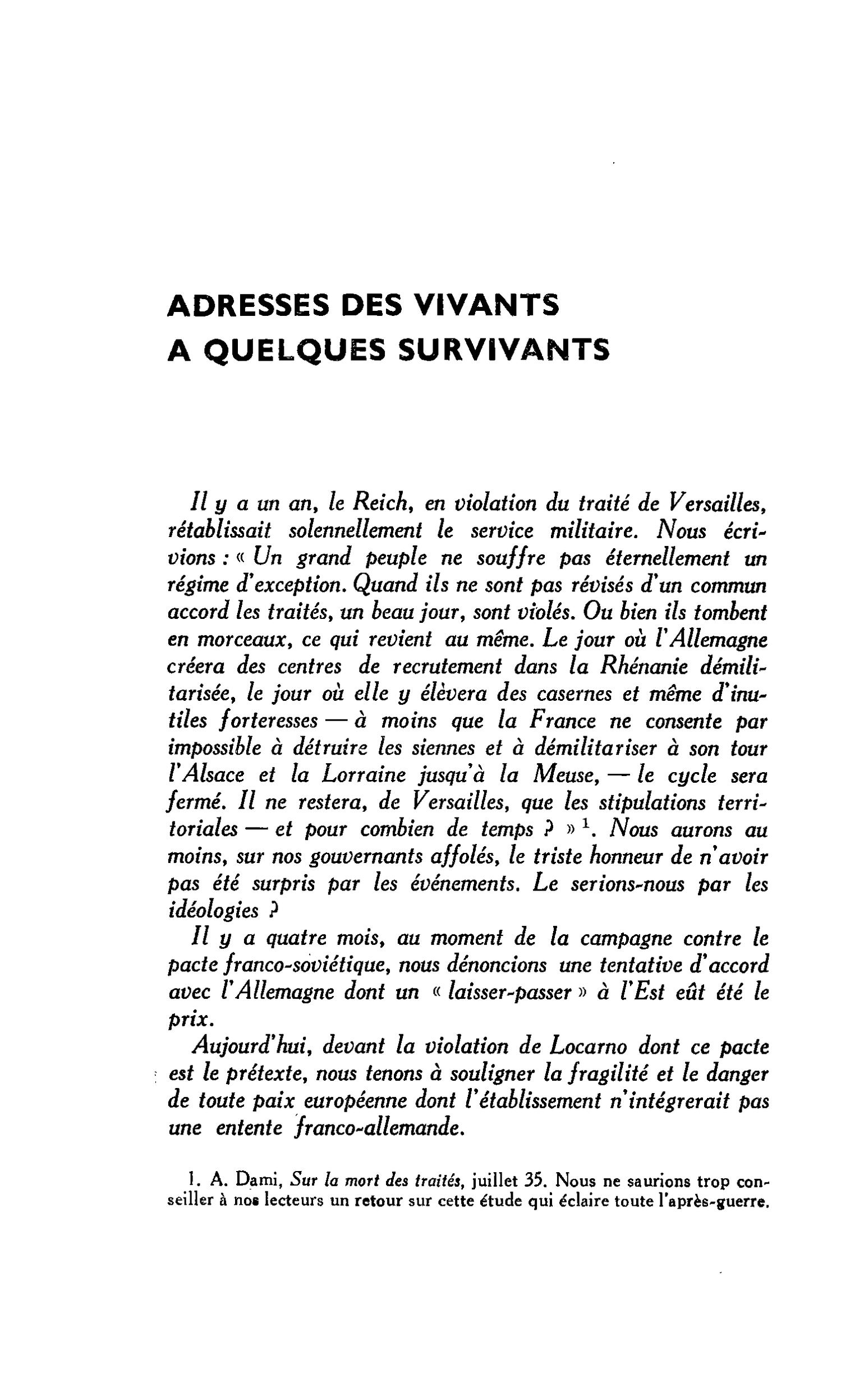 ADRESSES DES VIVANTS A QUELQUES SURVIVANTS