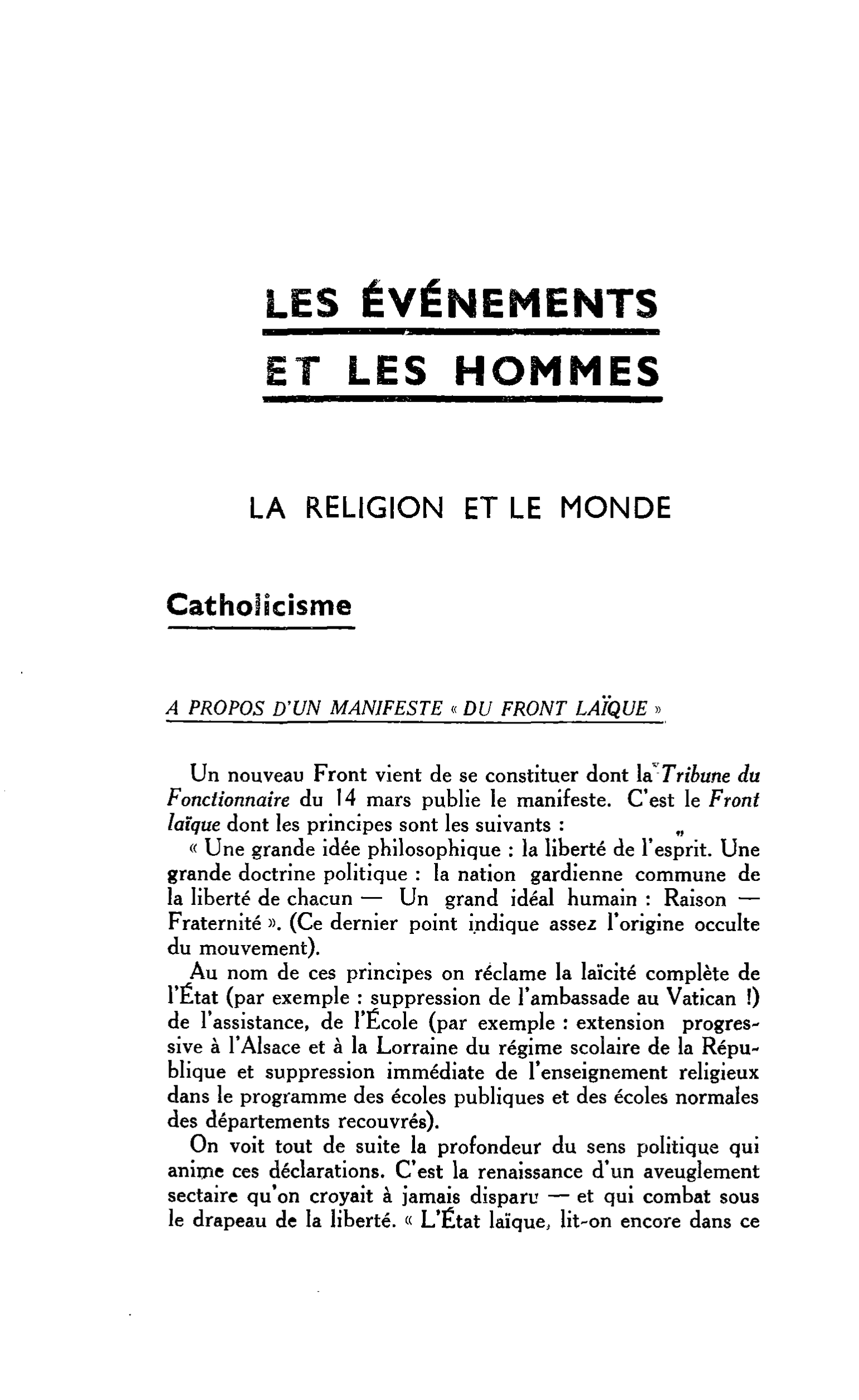LA RELIGION ET LE MONDE. Catholicisme : A PROPOS D’UN MANIFESTE « DU FRONT LAÏQUE »