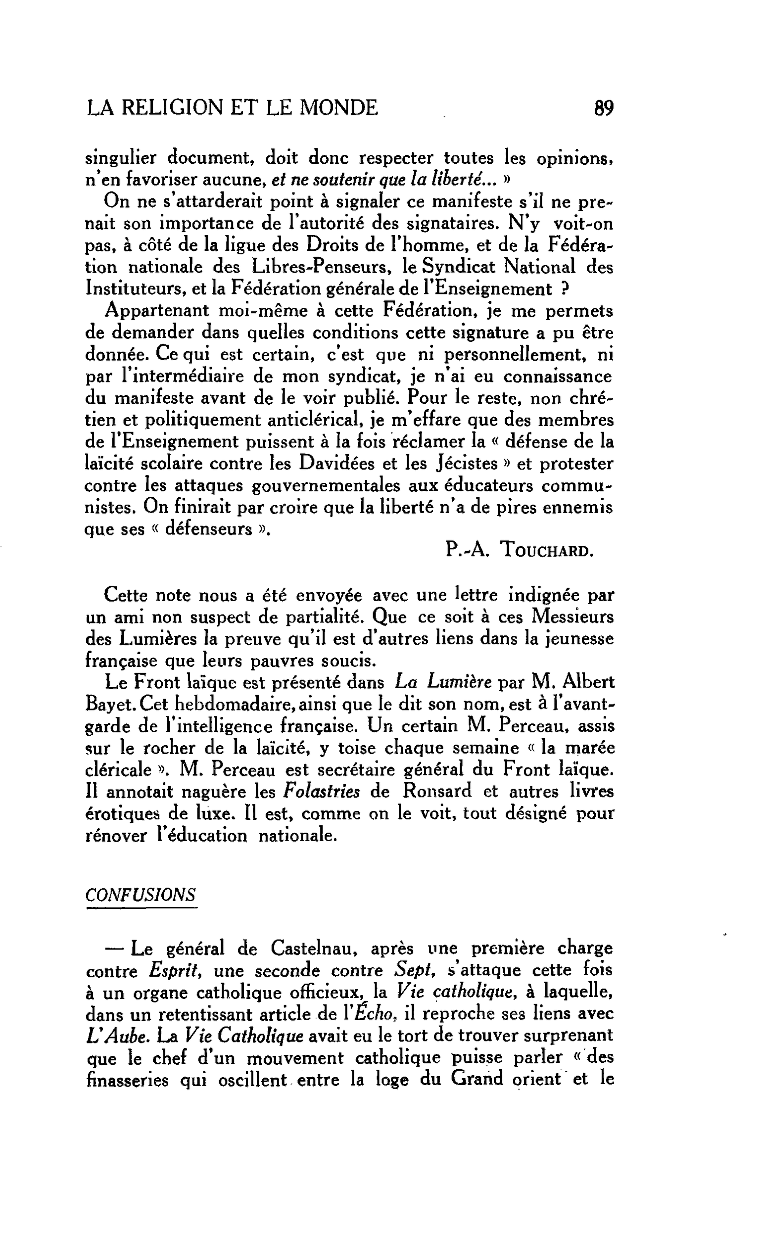 LA RELIGION ET LE MONDE : CONFUSIONS