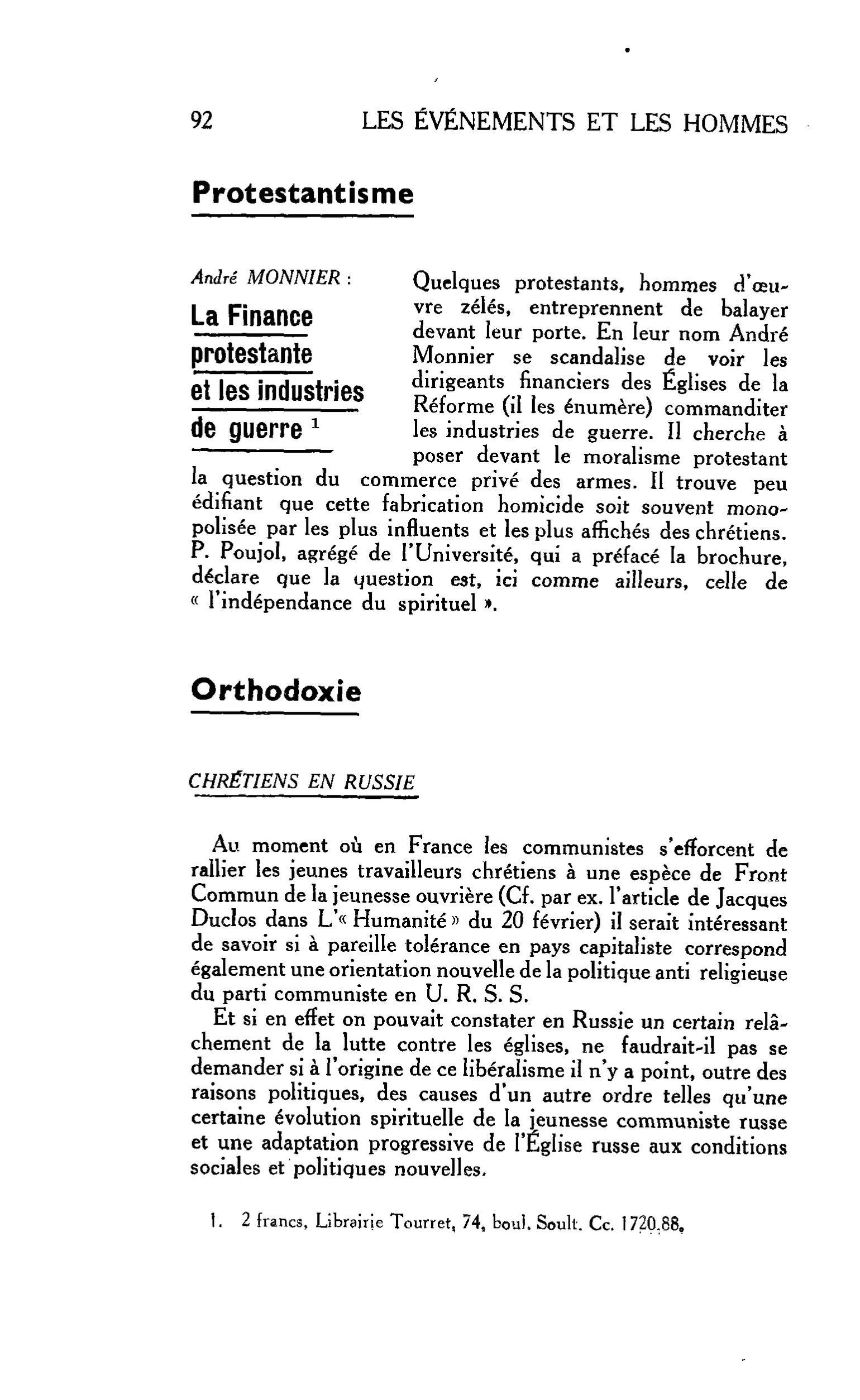 LA RELIGION ET LE MONDE. Protestantisme André MONNIER : La Finance protestante et les industries de guerre