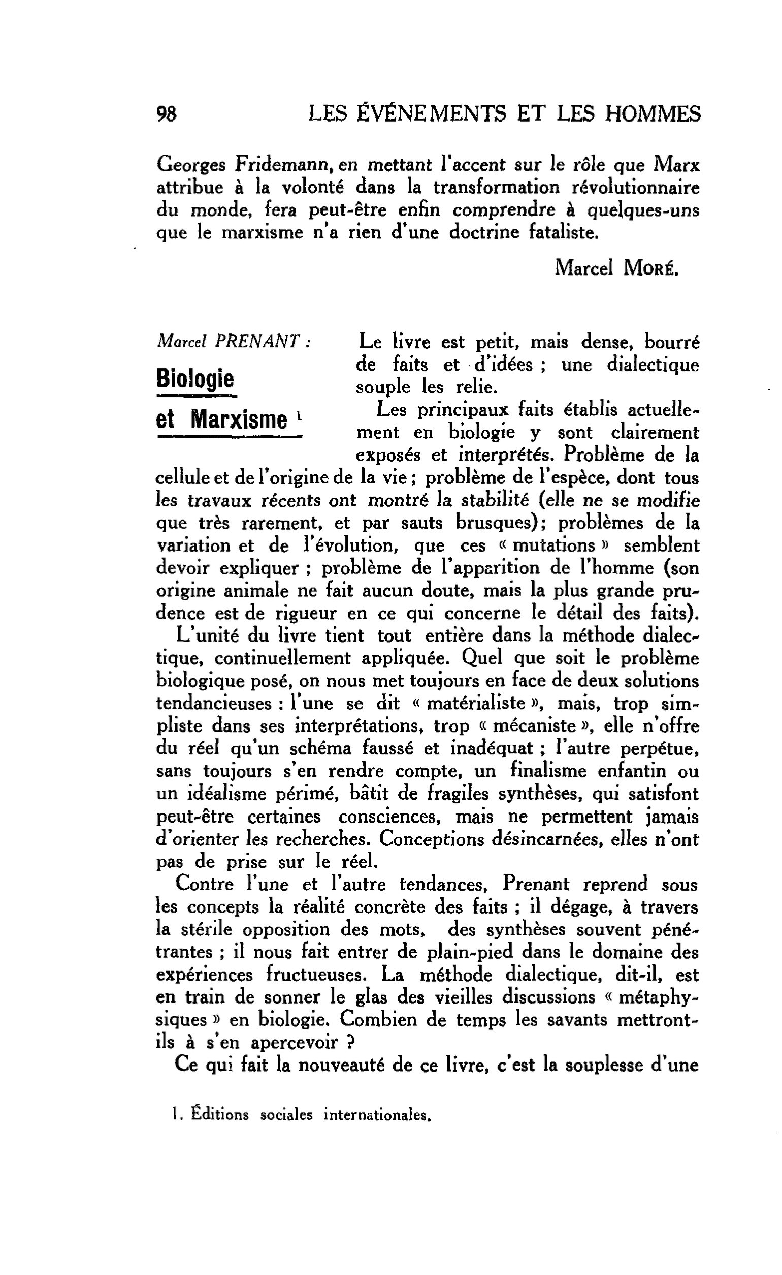 LA PENSÉE ENGAGÉE. Marcel PRENANT : Biologie et Marxisme