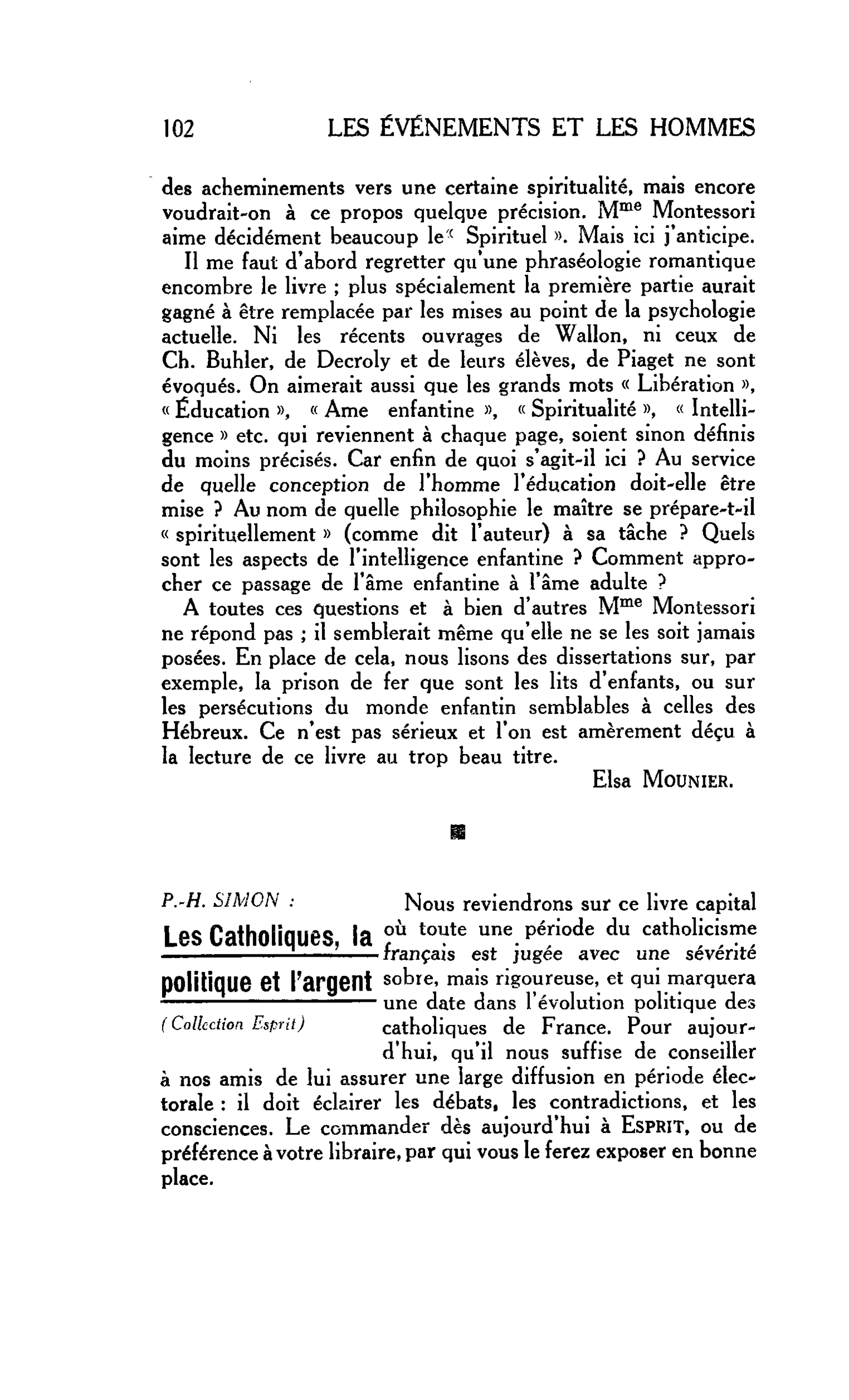 LA PENSÉE ENGAGÉE. P.-H. SIMON : Les Catholiques, la politique et l’argent (Collection Esprit)