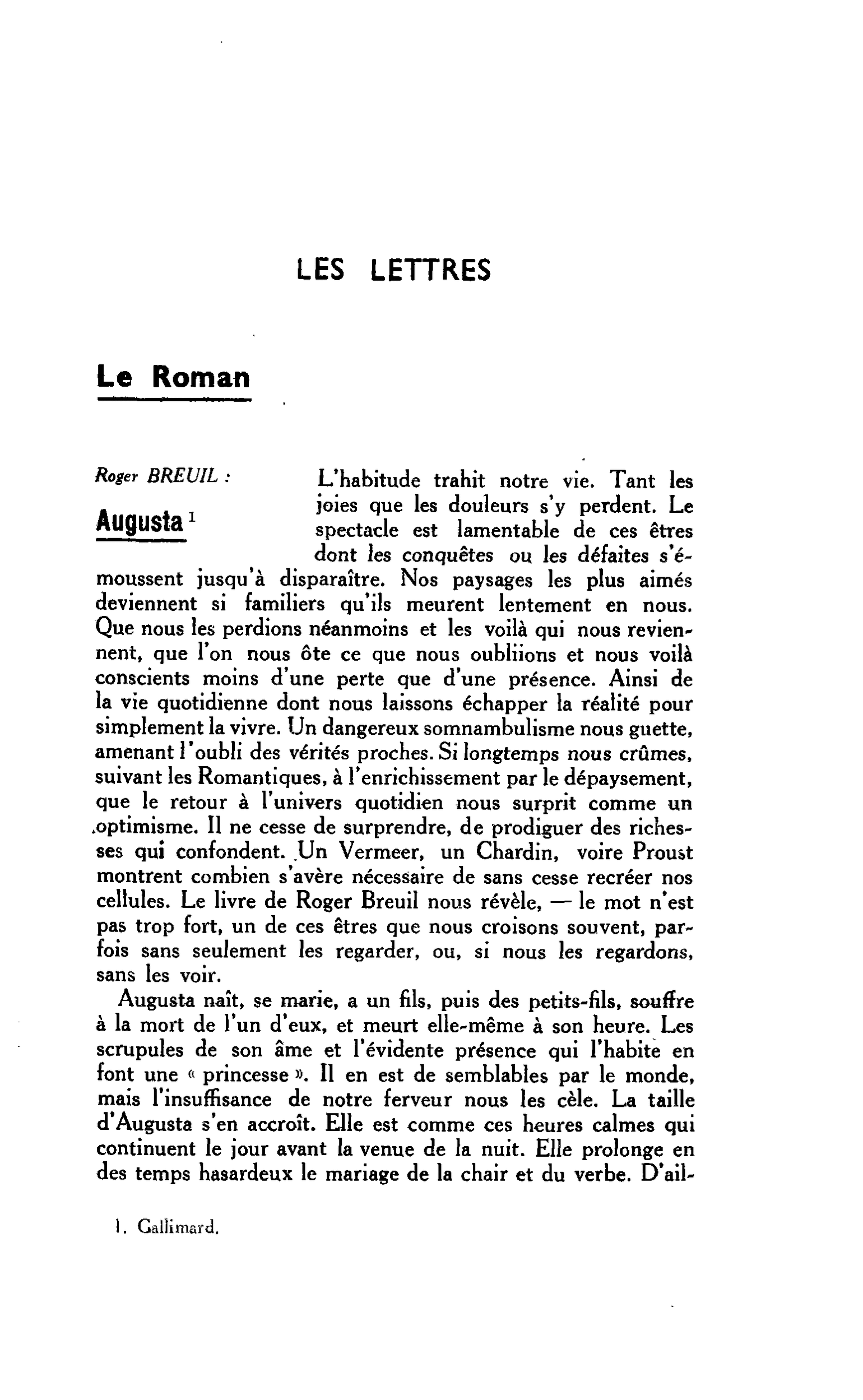 LES LETTRES. Le Roman Roger BREUIL : Auguste