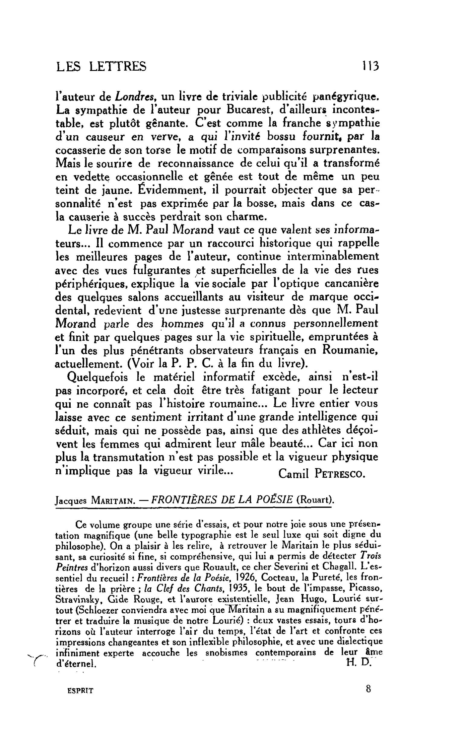 LES LETTRES : Jacques Maritain. ? FRONTIÈRES DE LA POÉSIE