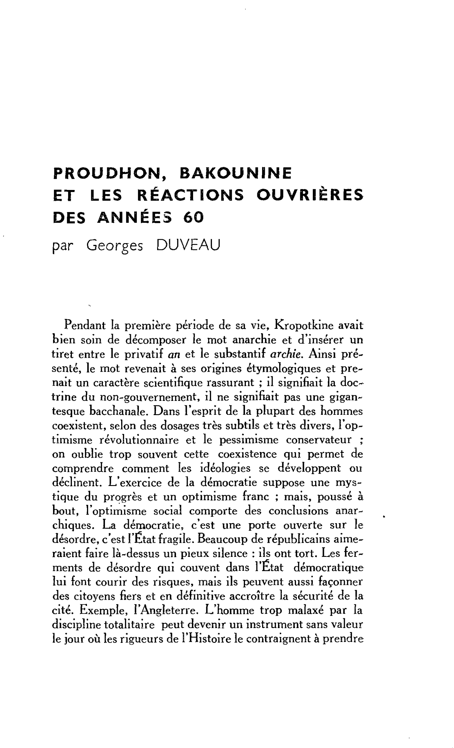 PROUDHON, BAKOUNINE ET LES RÉACTIONS OUVRIÈRES DES ANNÉES 60