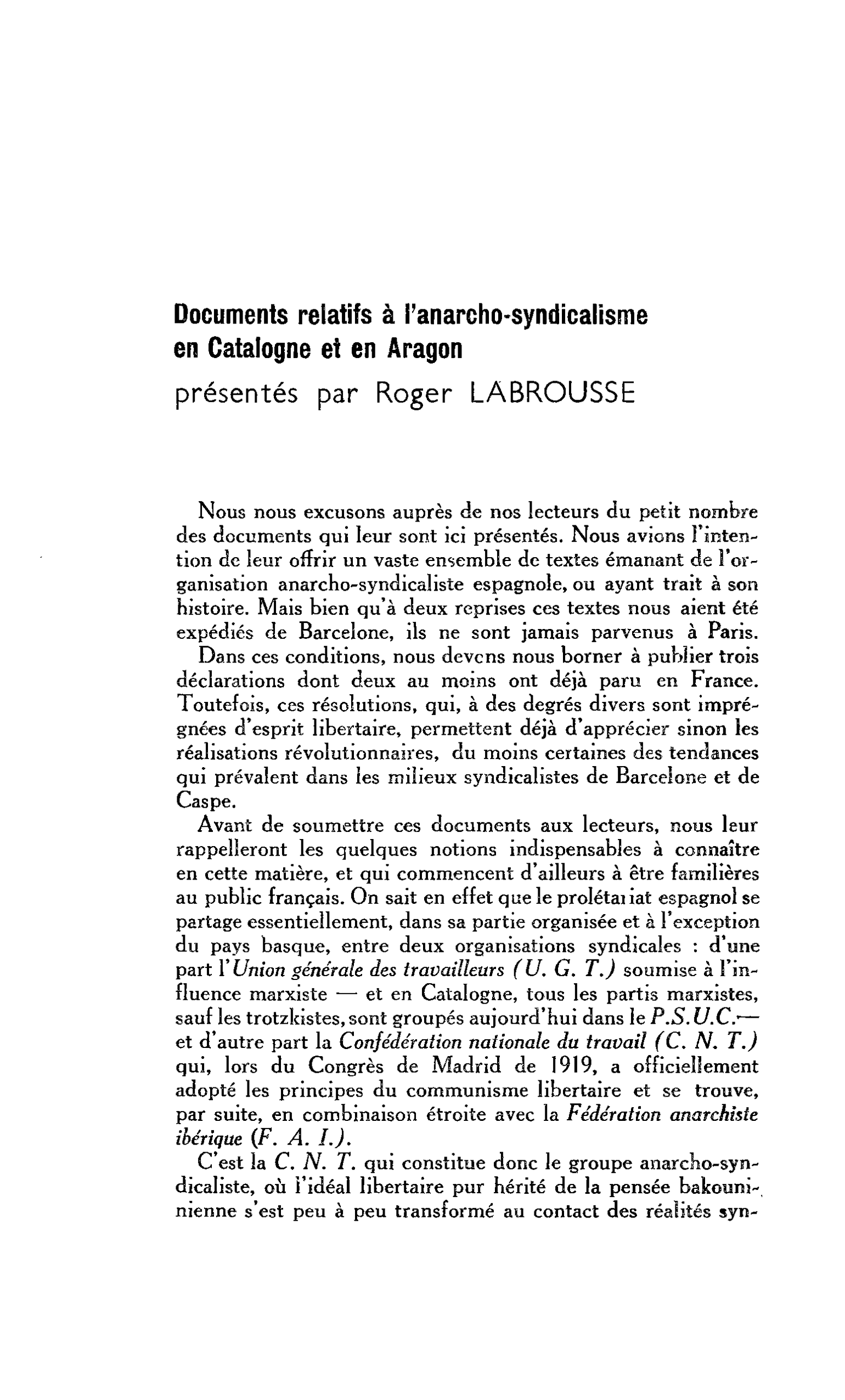 Documents relatifs à l’anarcho-syndicalisme en Catalogne et en Aragon