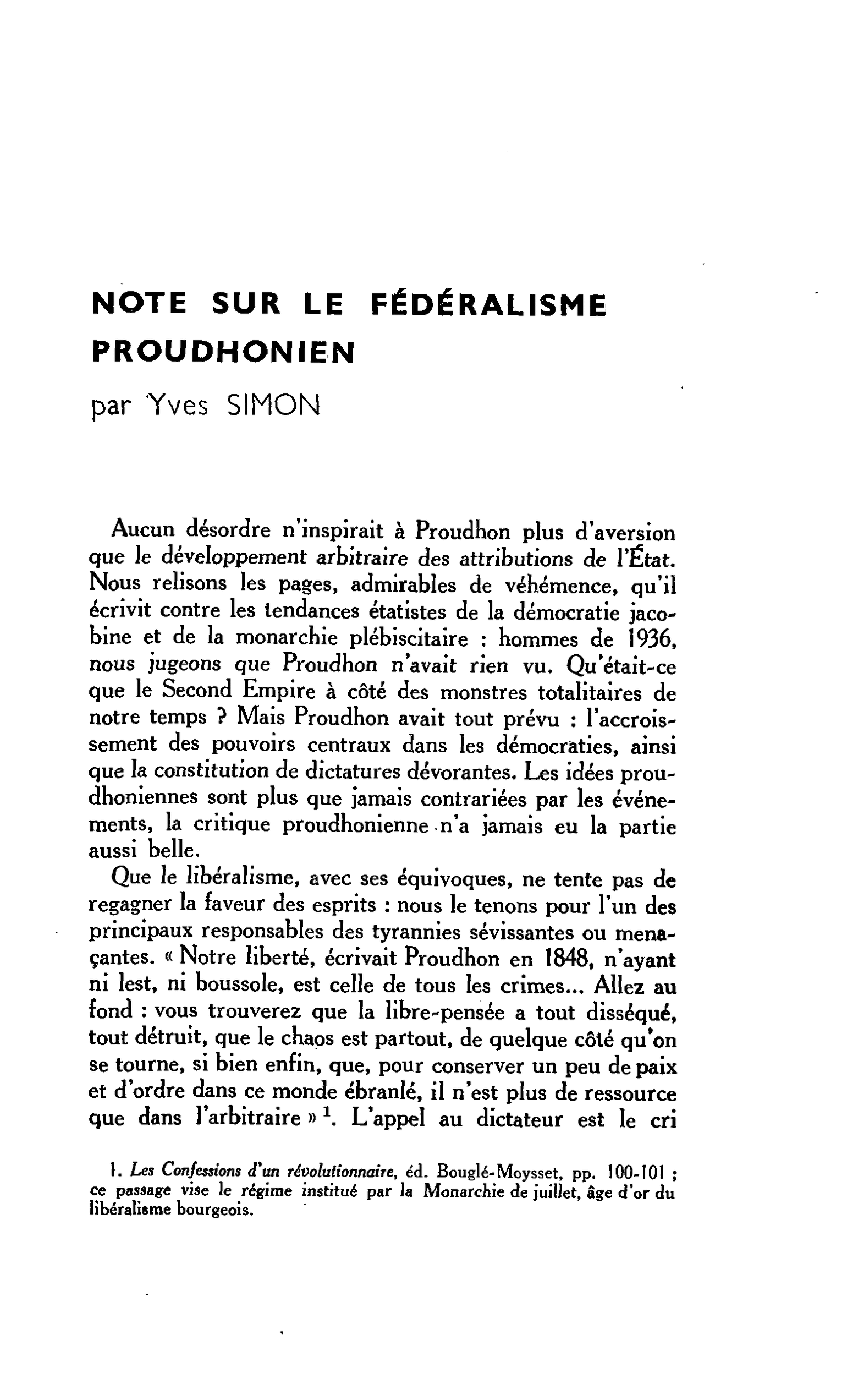 NOTE SUR LE FÉDÉRALISME PROUDHONIEN
