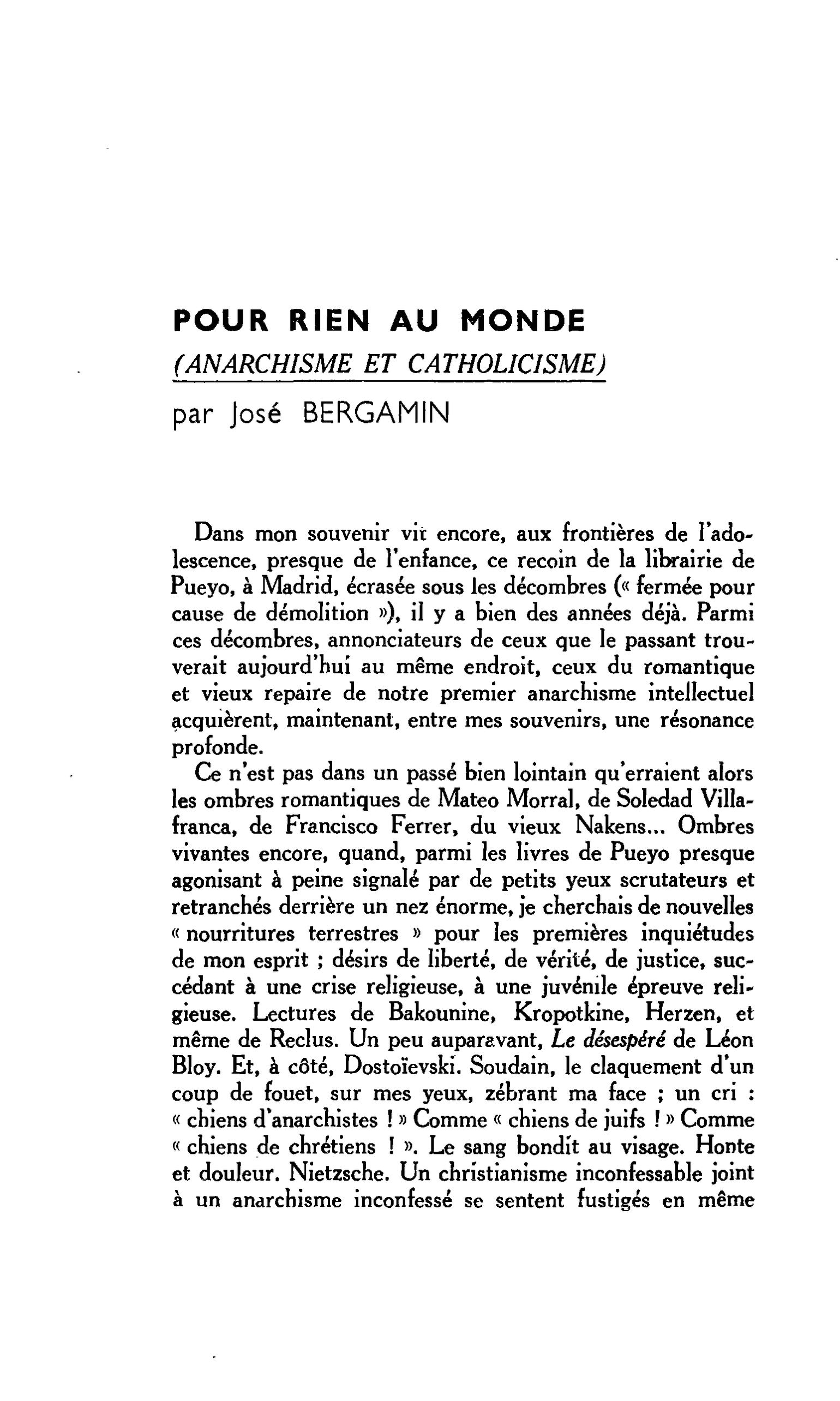 POUR RIEN AU MONDE (ANARCHISME ET CATHOLICISME)