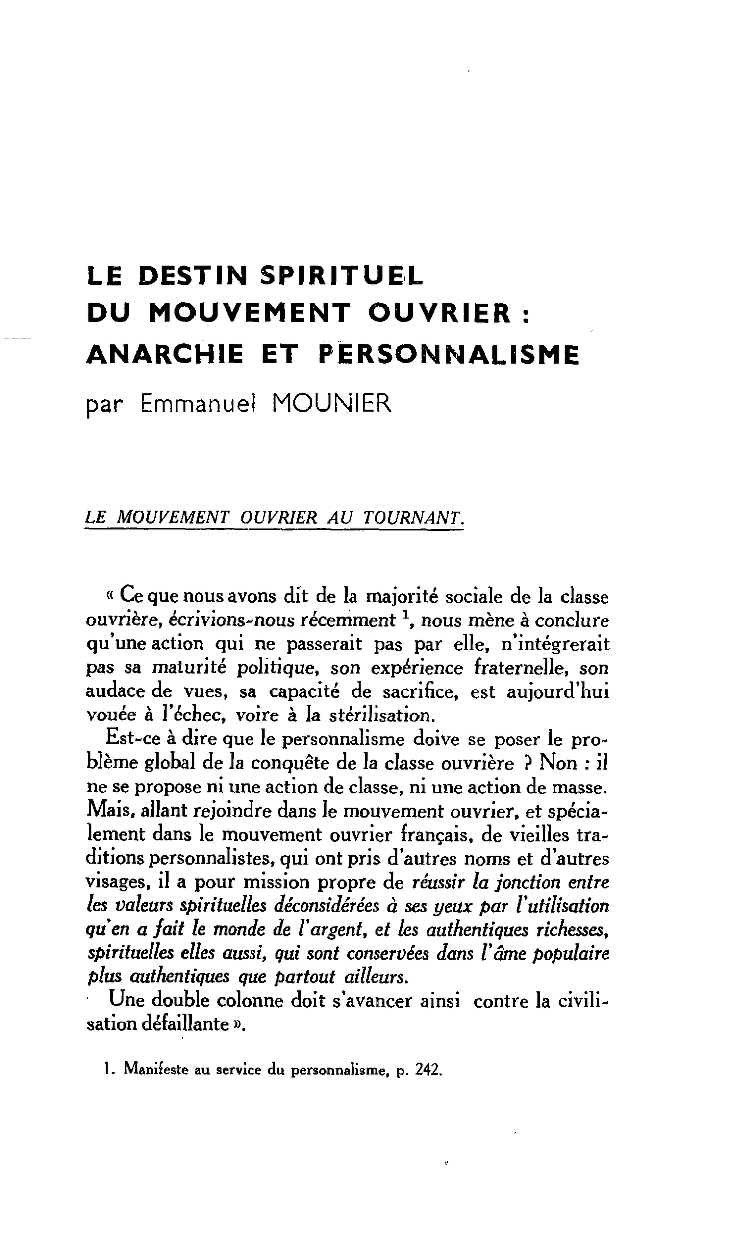 Le destin spirituel du mouvement ouvrier : anarchie et personnalisme