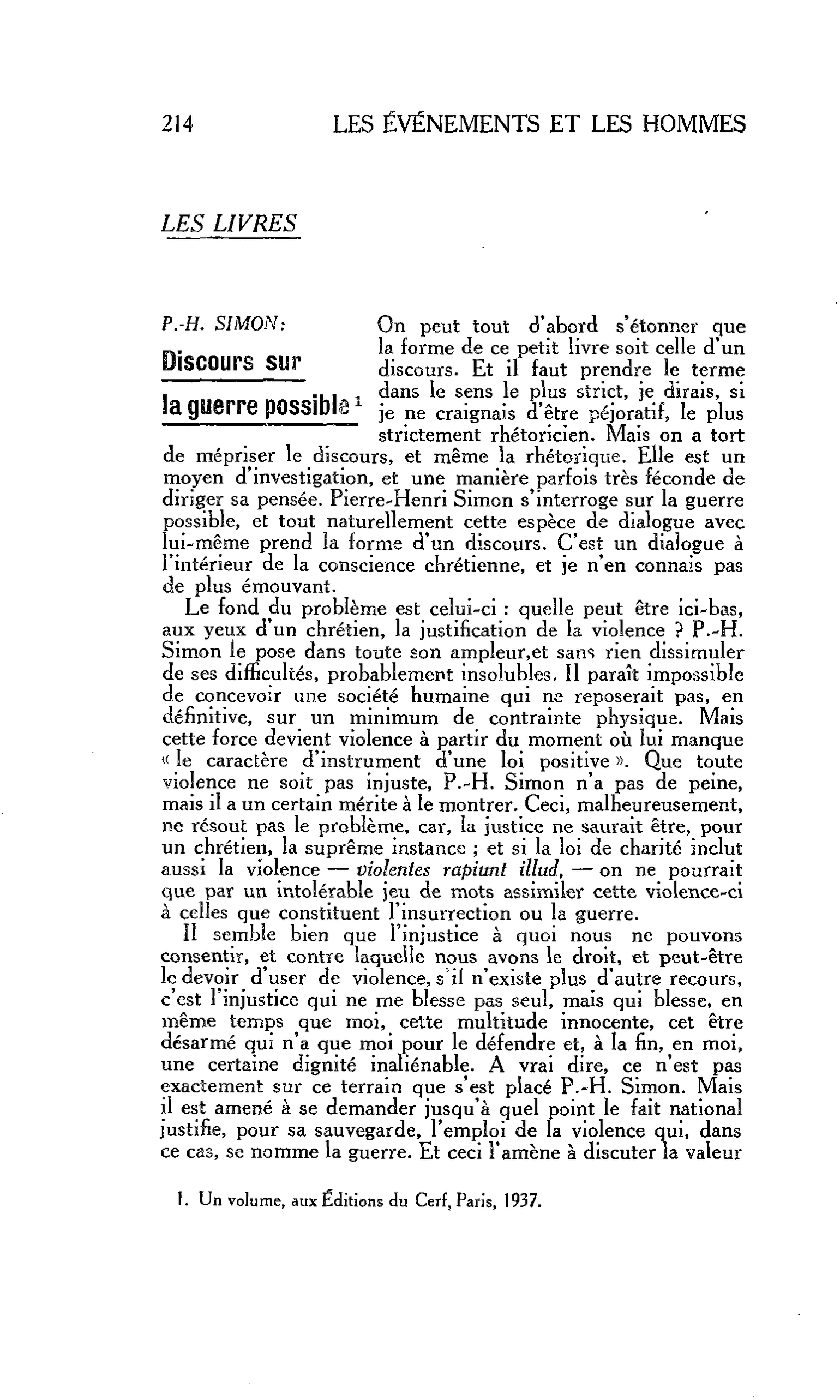 LES LIVRES. P.-H. SIMON : Discours sur la guerre possible