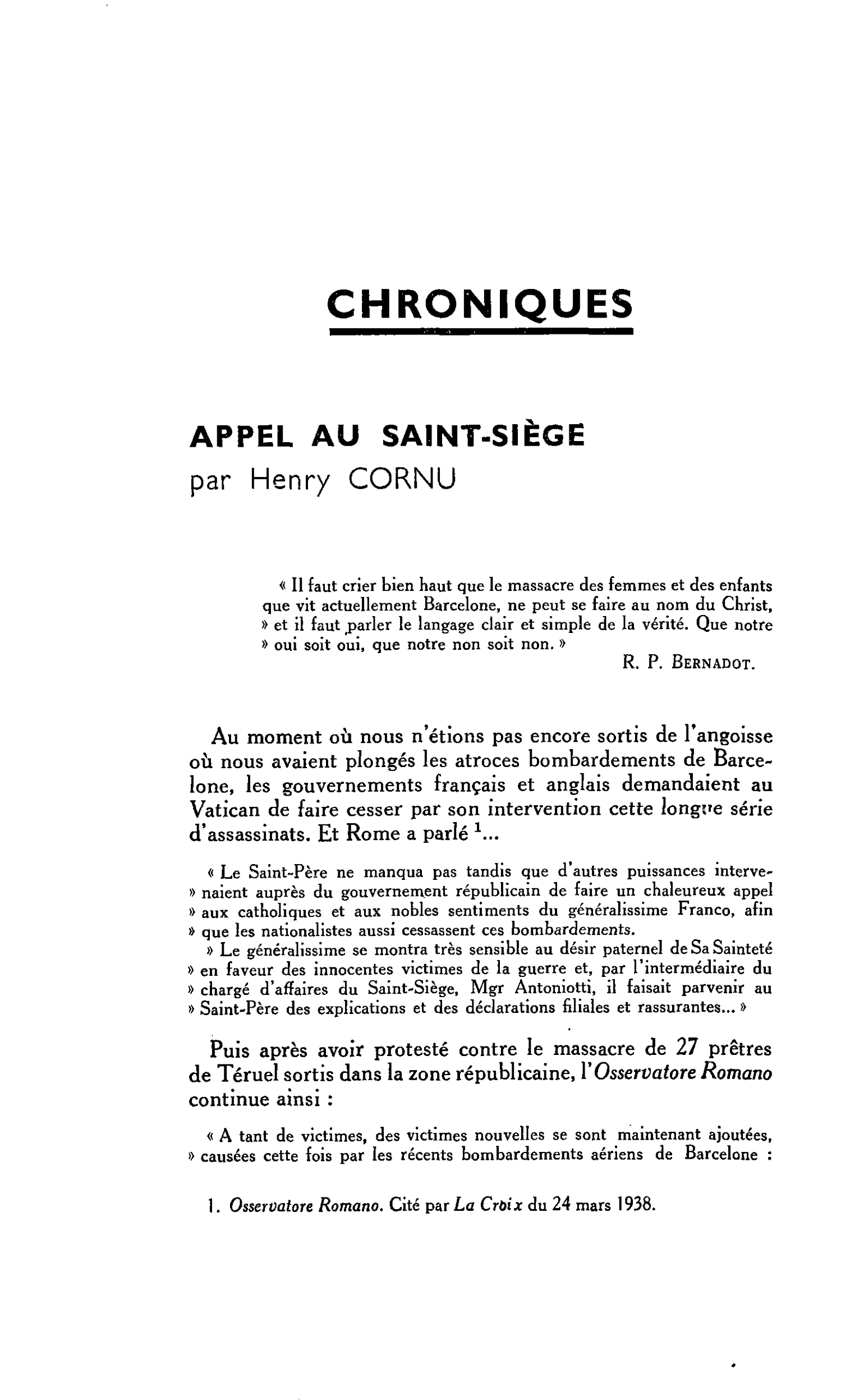 APPEL AU SAINT-SIÈGE