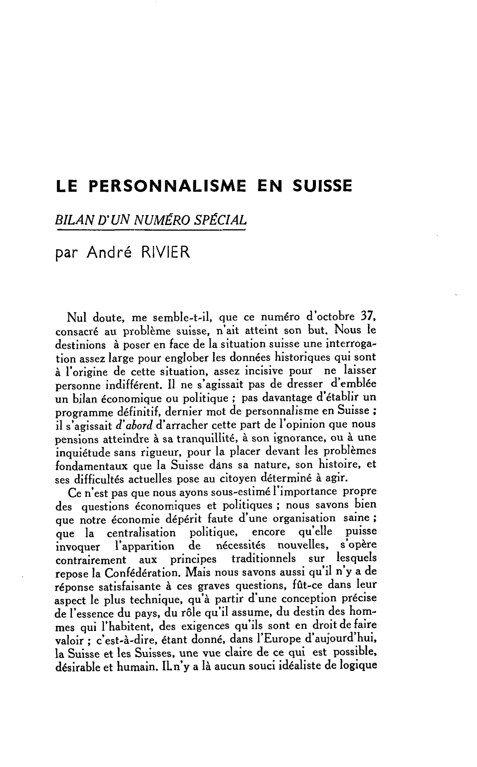 LE PERSONNALISME EN SUISSE : BILAN D’UN NUMÉRO SPÉCIAL