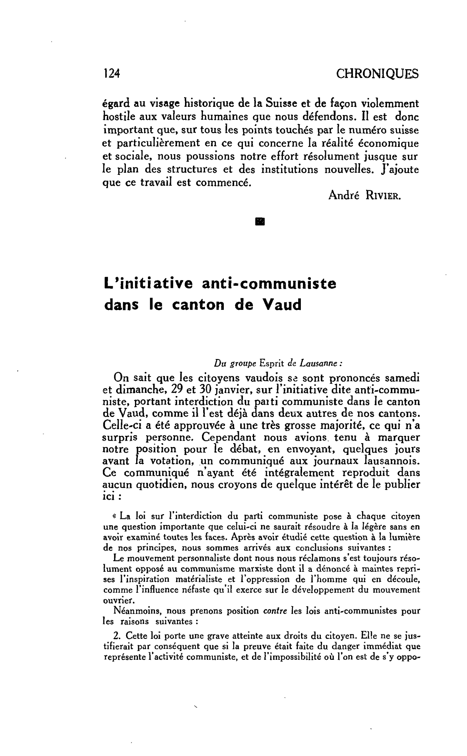 LE PERSONNALISME EN SUISSE : L’initiative anti-communiste dans le canton de Vaud