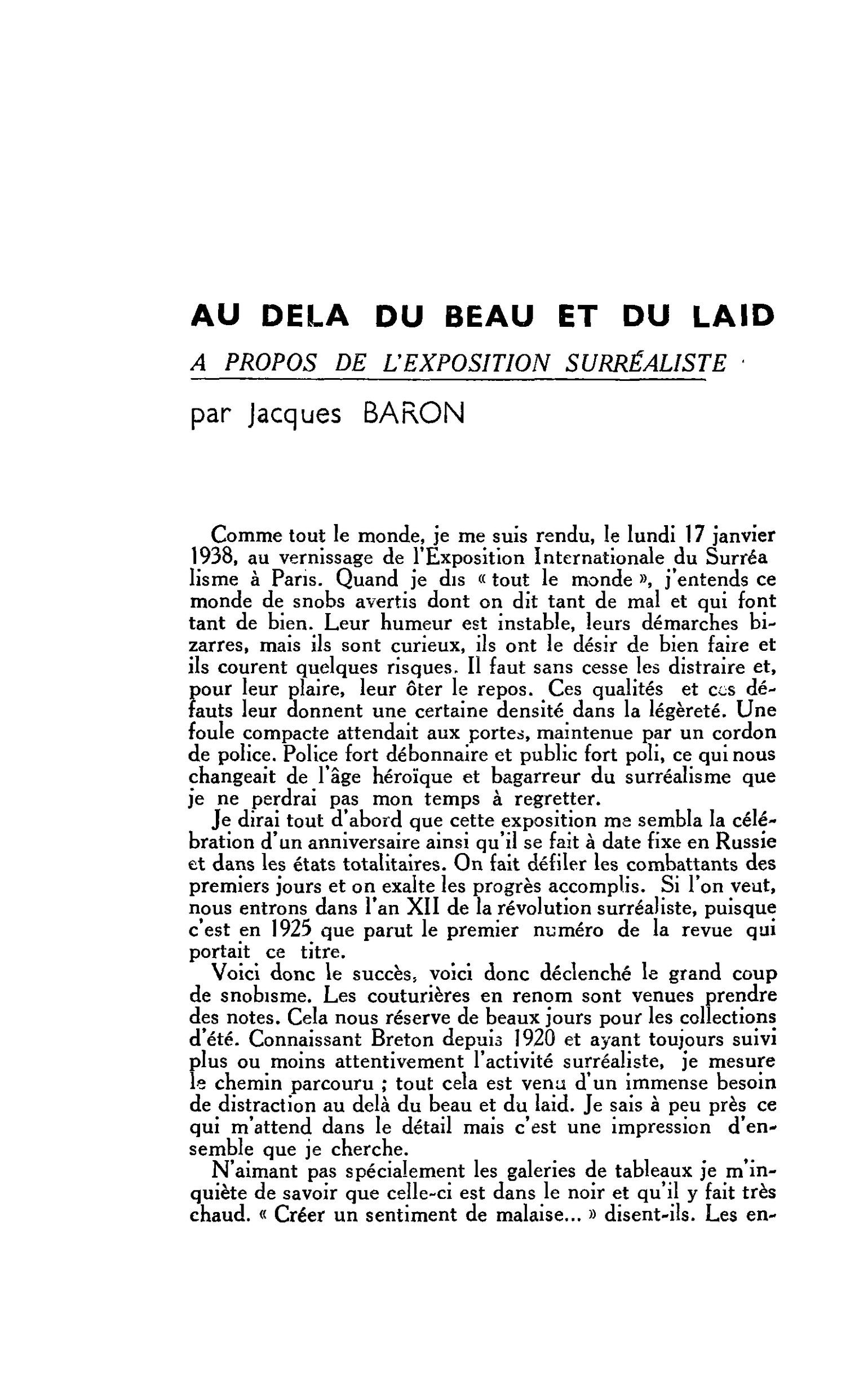 AU DELA DU BEAU ET DU LAID A PROPOS DE L’EXPOSITION SURRÉALISTE