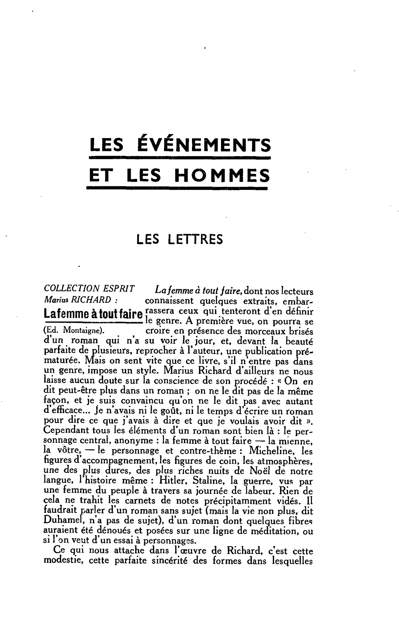 LES LETTRES. COLLECTION ESPRIT. Marins RICHARD : La femme à tout faire