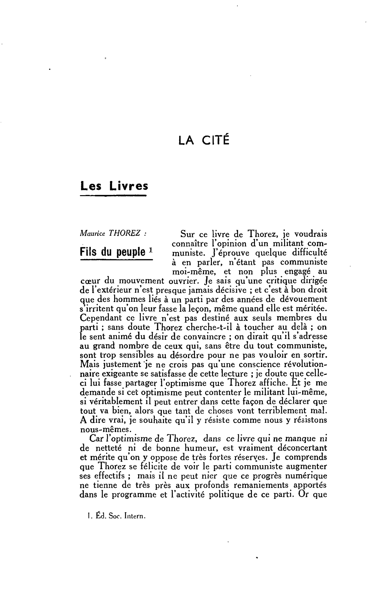LA CITÉ. Les Livres. Maurice THOREZ : Fils du peuple