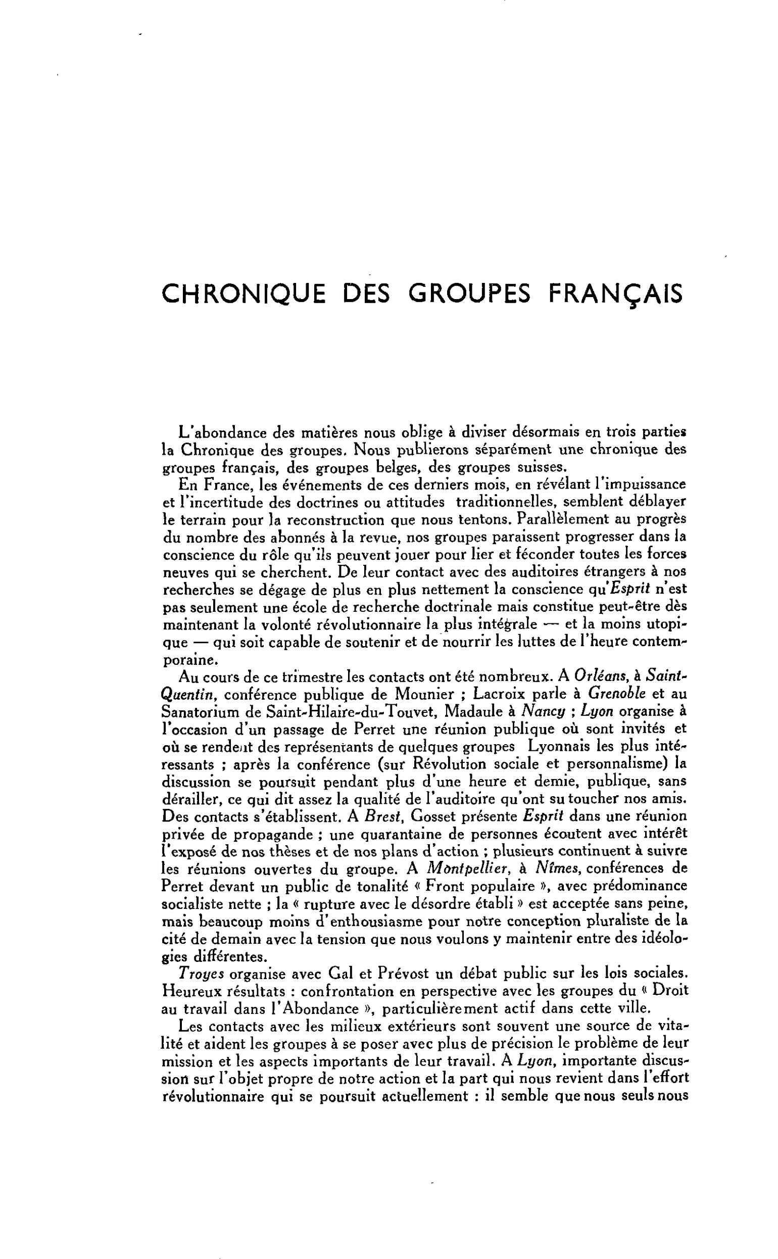CHRONIQUE DES GROUPES FRANÇAIS