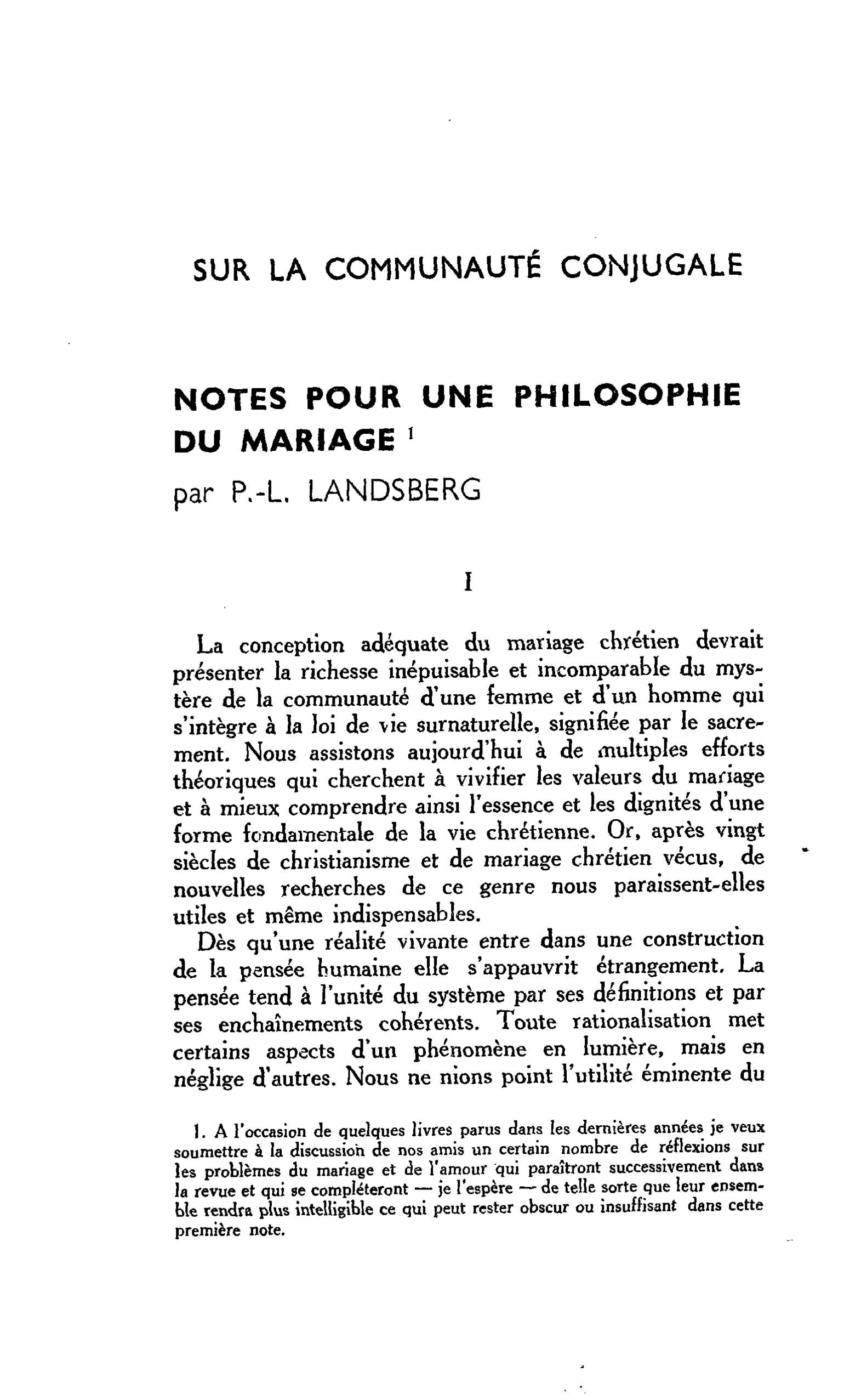 NOTES POUR UNE PHILOSOPHIE DU MARIAGE