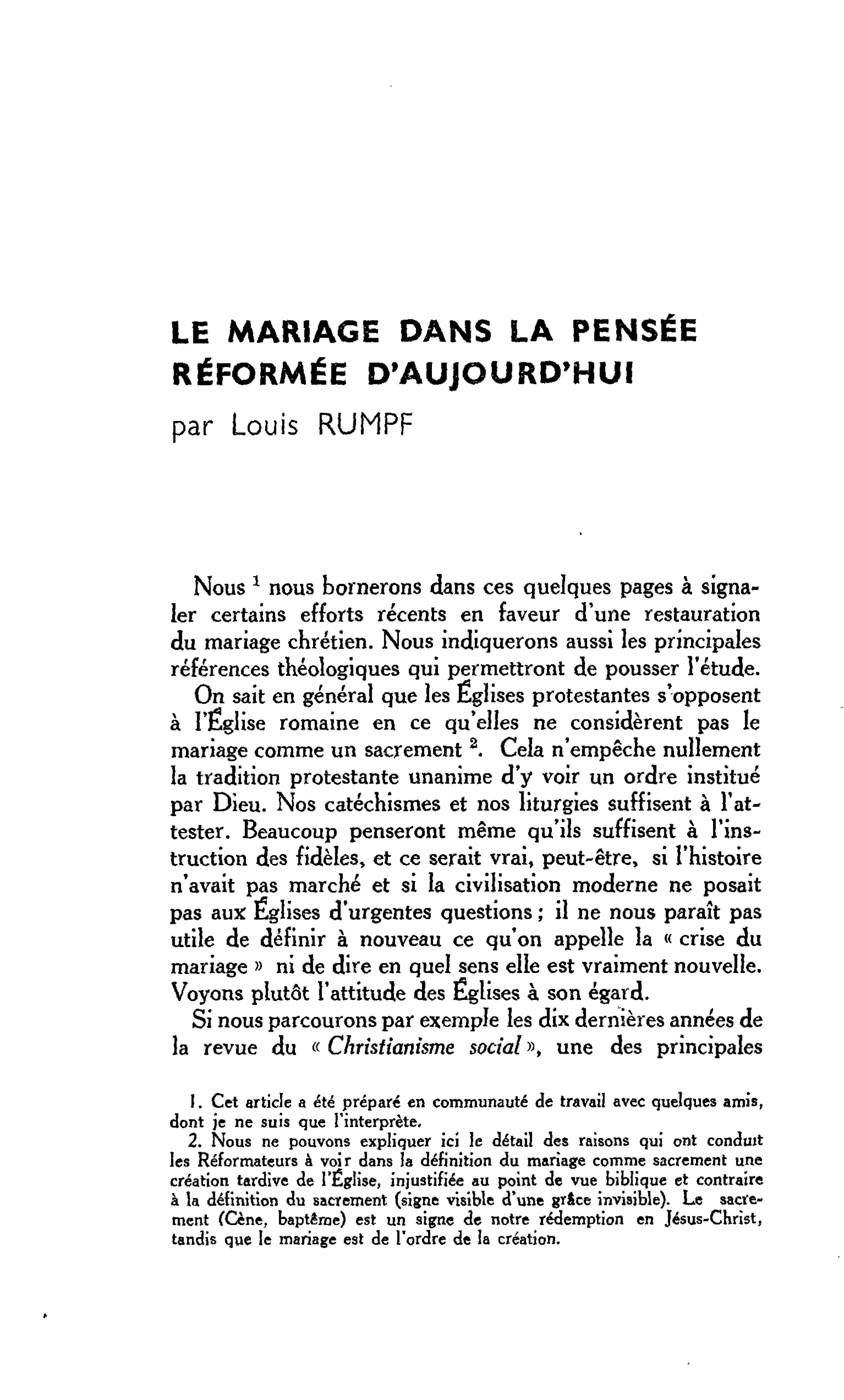 LE MARIAGE DANS LA PENSÉE RÉFORMÉE D’AUJOURD’HUI