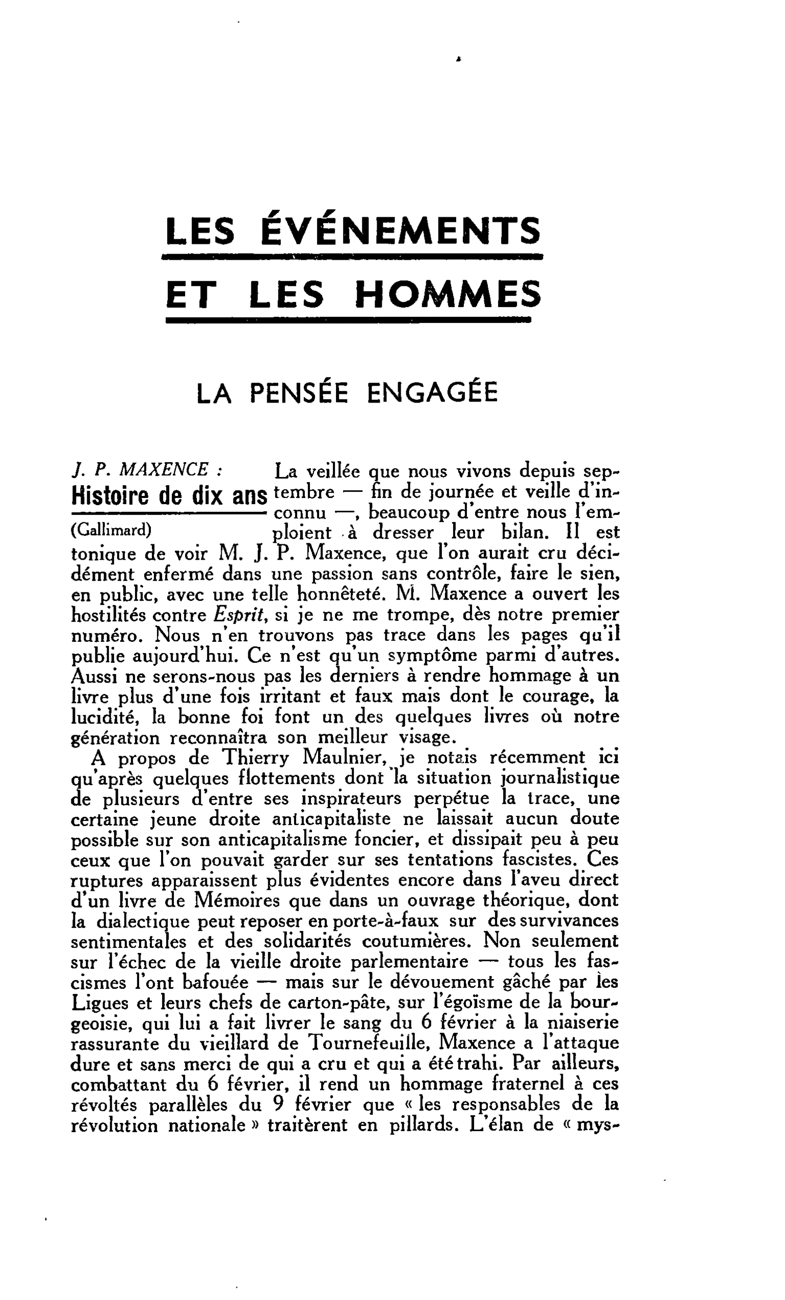 LA PENSÉE ENGAGÉE J. P. MAXENCE : Histoire de dix ans